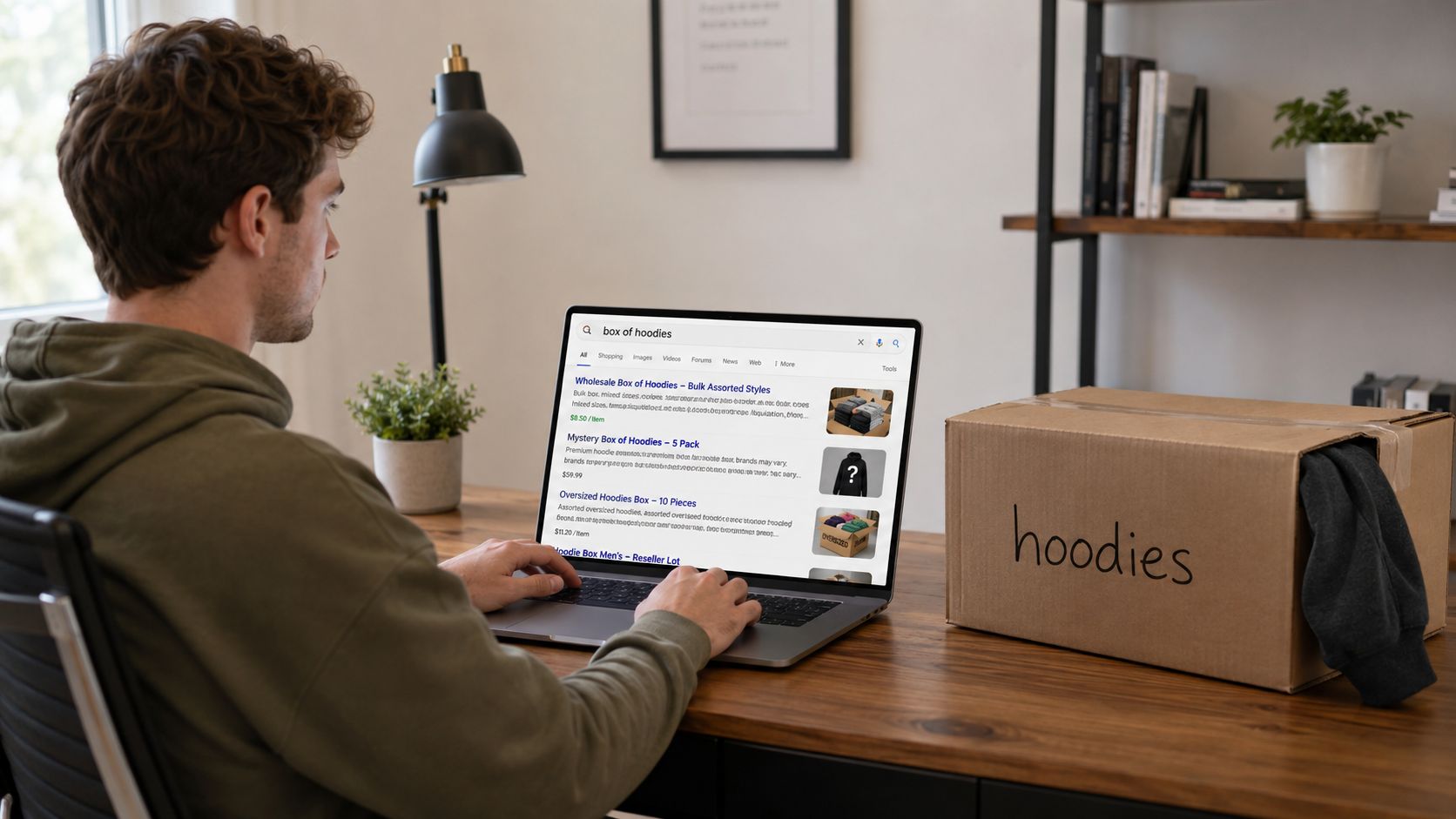 A man sitting at a desk browsing for a box of hoodies on his laptop computer.