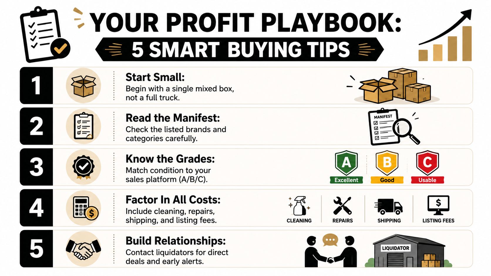 An infographic titled Your Profit Playbook outlining five smart buying tips for purchasing inventory and liquidations.