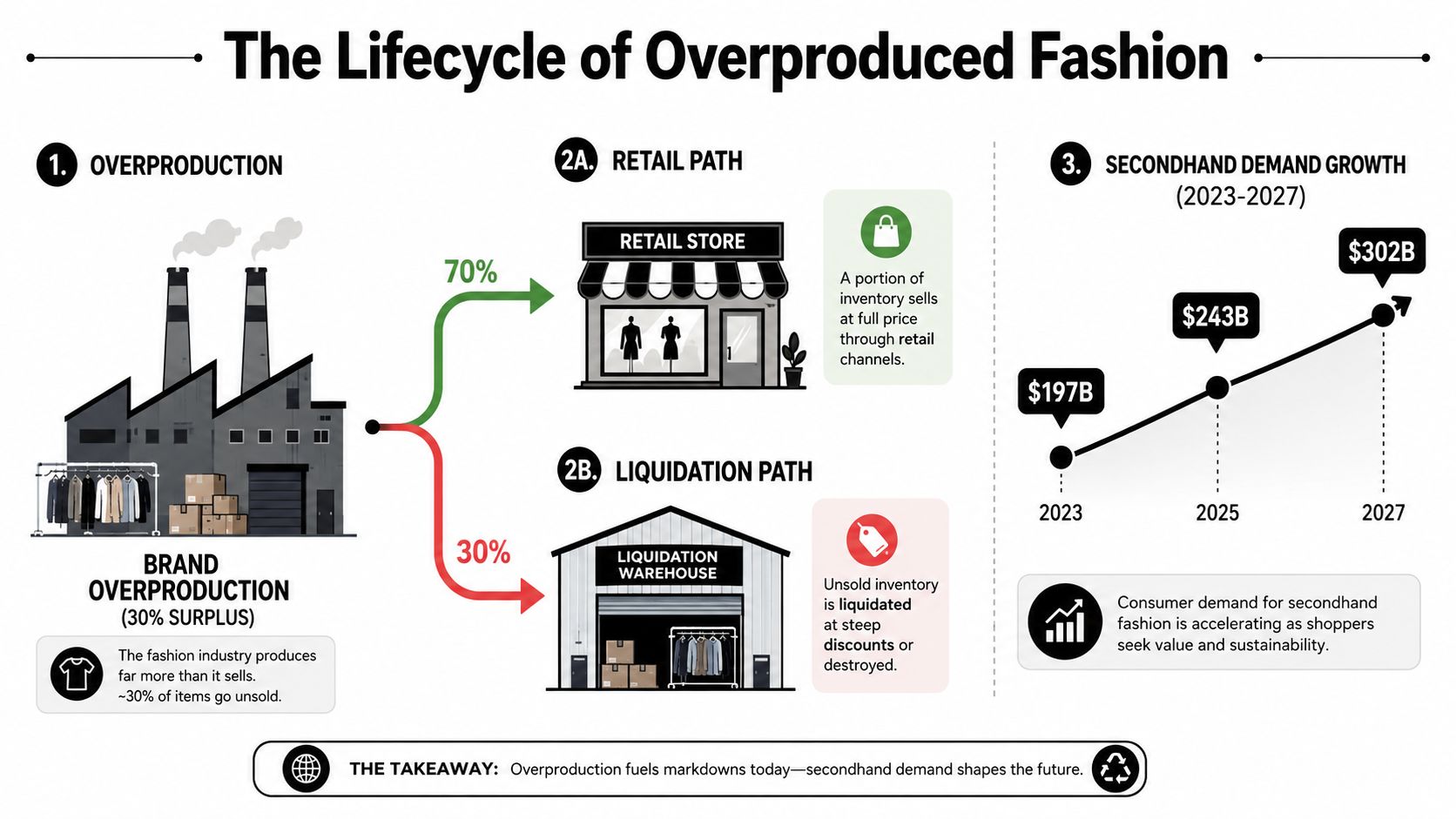A diagram illustrating the lifecycle of overproduced fashion, showing retail and liquidation paths and secondary market growth.