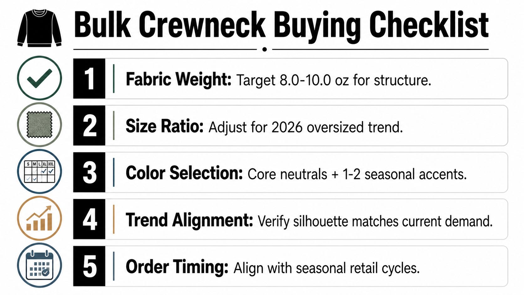 A professional infographic titled Bulk Crewneck Buying Checklist featuring five key steps for purchasing clothing in bulk.