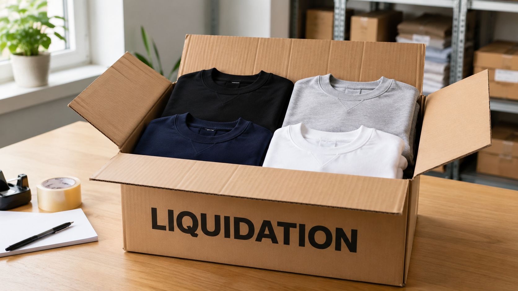 A cardboard box labeled LIQUIDATION filled with four neatly folded crewneck sweatshirts in black, grey, white, and navy.