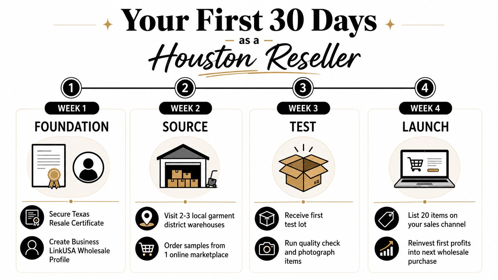 An infographic showing a four-week plan for becoming a clothing reseller in Houston, Texas.