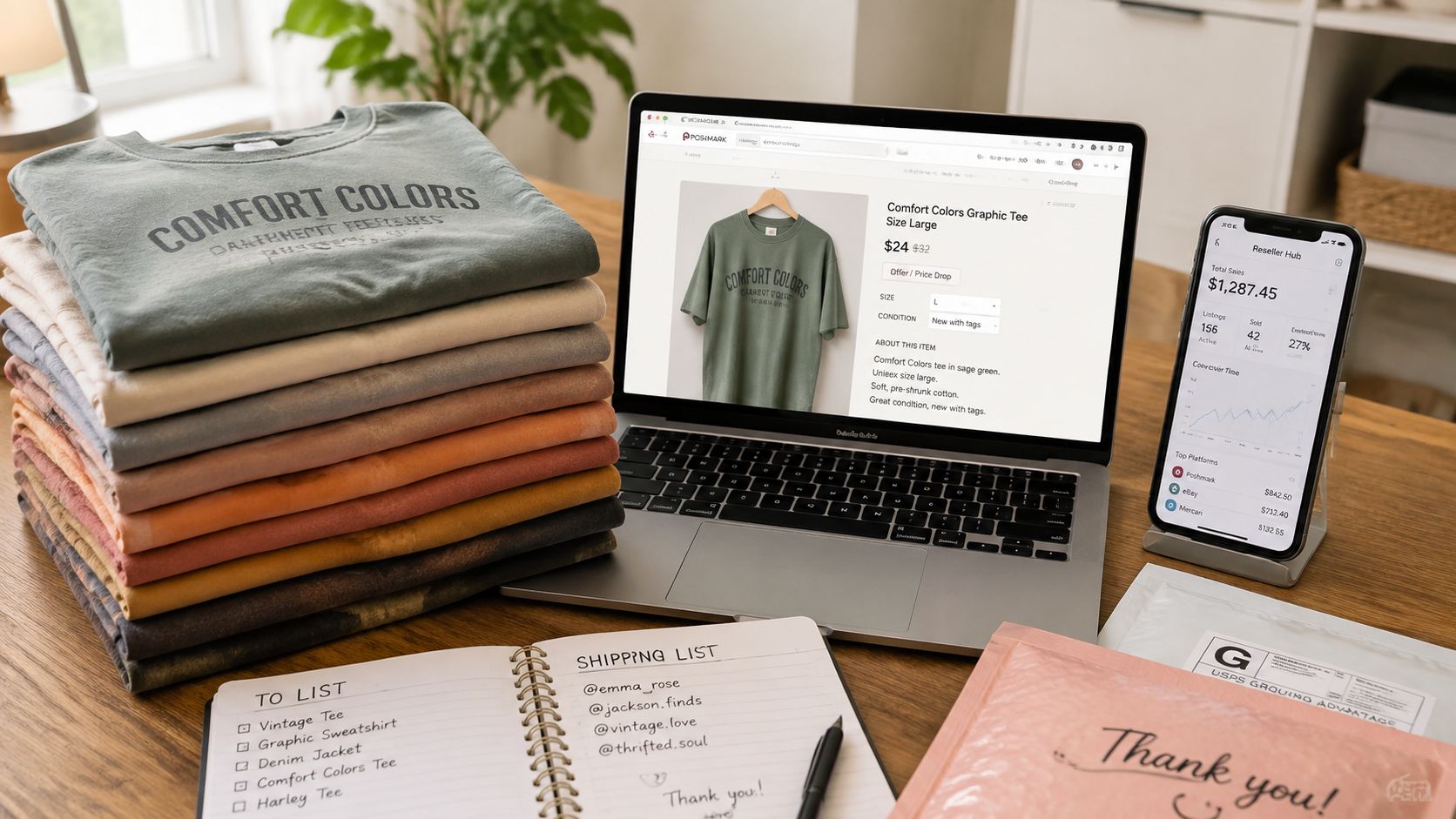 A stack of folded Comfort Colors shirts next to a laptop displaying an online clothing storefront dashboard.