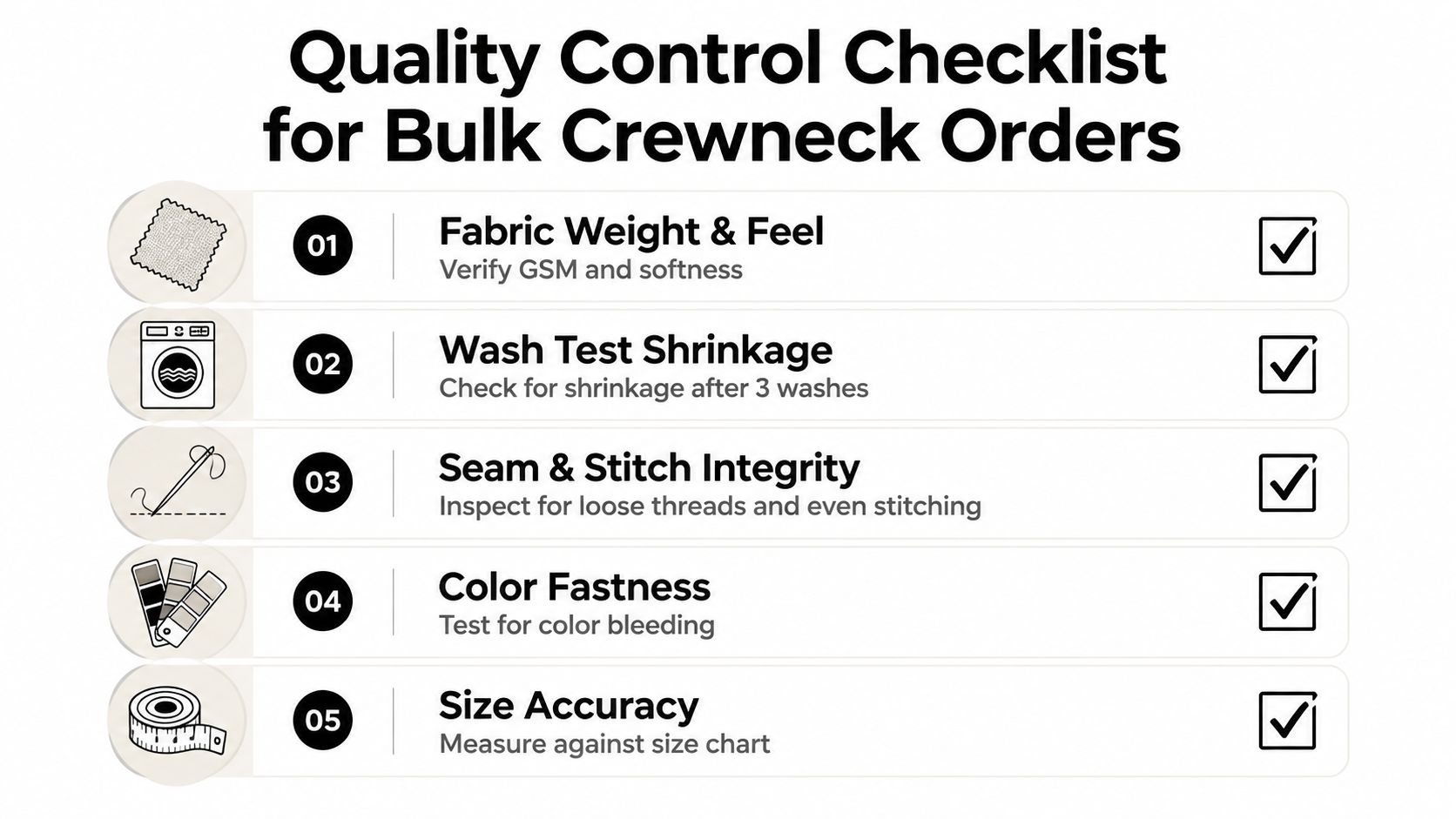 A quality control checklist for bulk crewneck sweatshirts showing five essential inspection points with checkmarks.