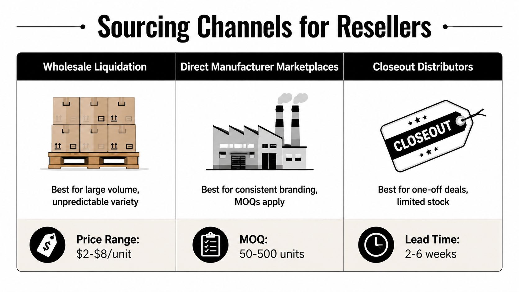 A chart illustrating three main sourcing channels for resellers: wholesale liquidation, direct manufacturer marketplaces, and closeout distributors.