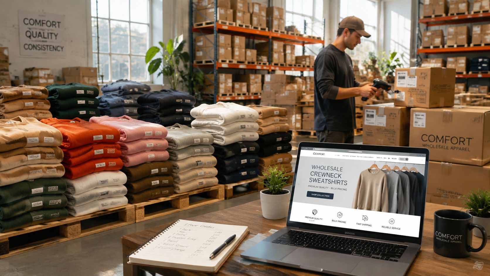 A warehouse worker scans boxes next to a laptop displaying a wholesale apparel online store website.