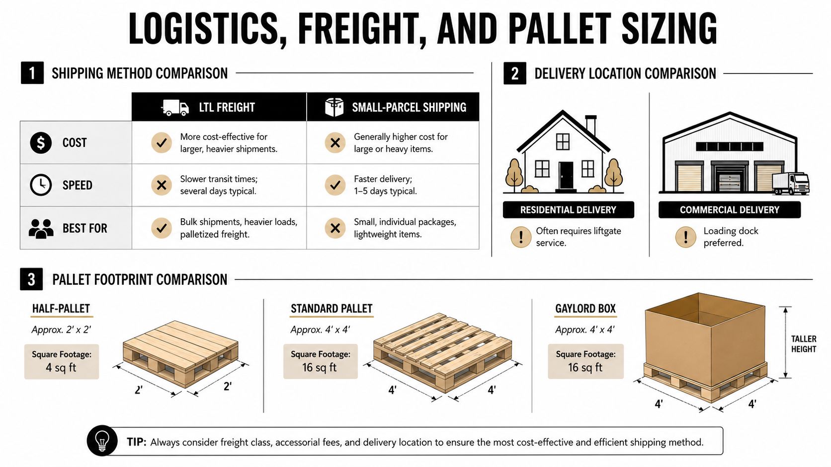 An infographic illustrating logistics, freight, and pallet sizing for shipping methods, delivery locations, and pallet dimensions.