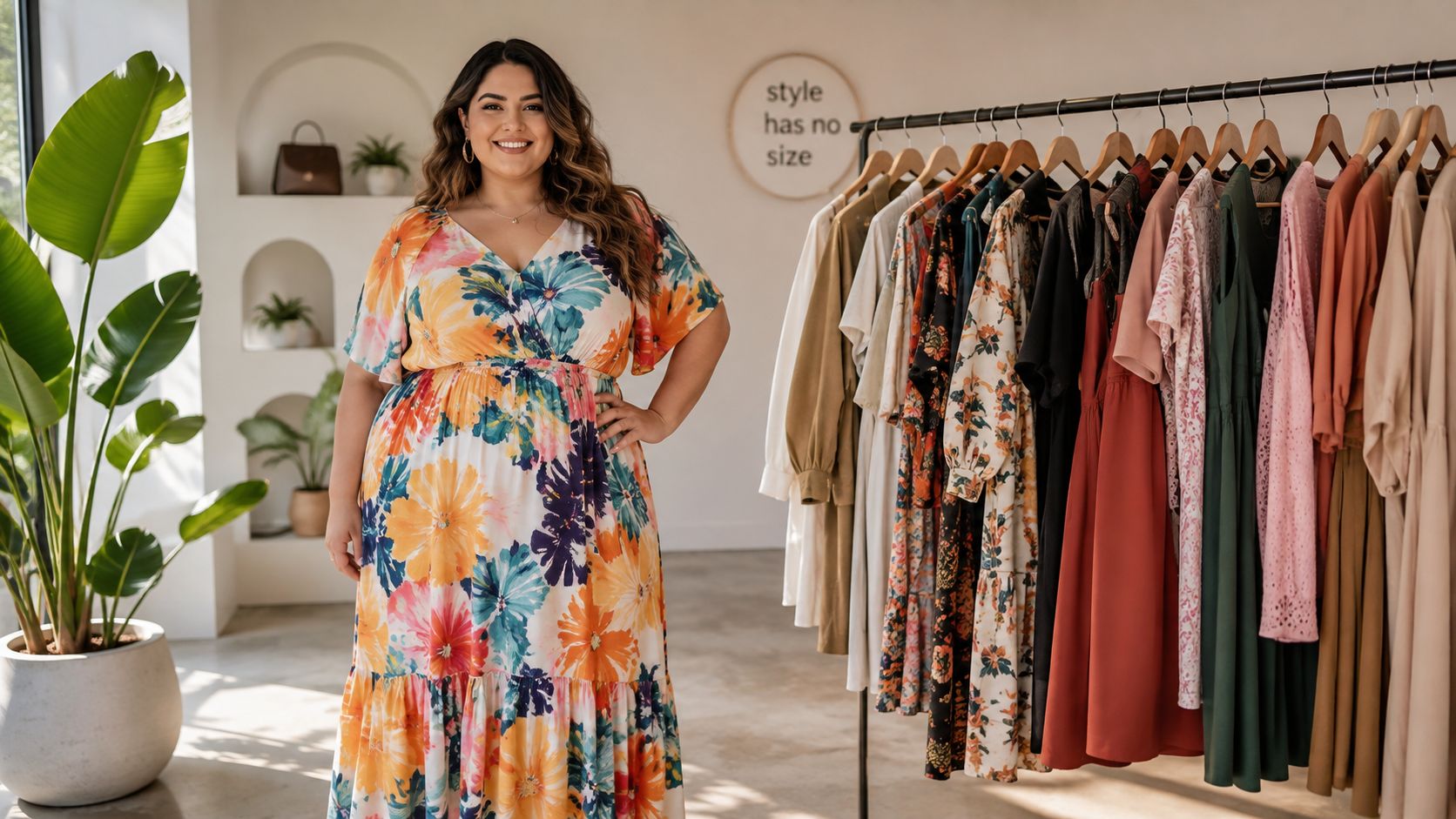 A smiling woman in a floral dress stands next to a clothing rack in a bright shop.