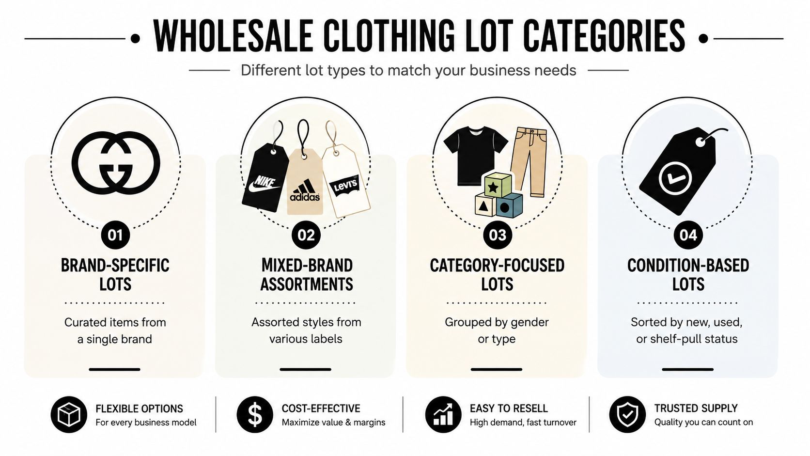 An infographic showing four different categories for wholesale clothing lots including brand specific, mixed brand, category focused, and condition based.
