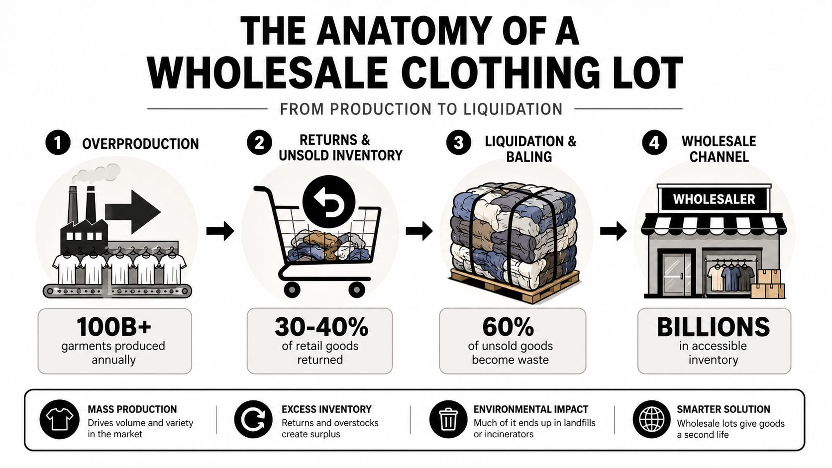 An infographic showing the lifecycle of wholesale clothing lots from mass production to liquidation and secondary resale.