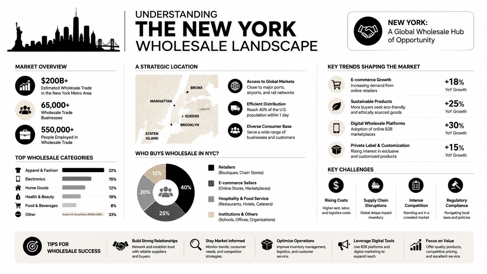 An infographic titled Understanding The New York Wholesale Landscape detailing market statistics, strategic advantages, and key industry trends.
