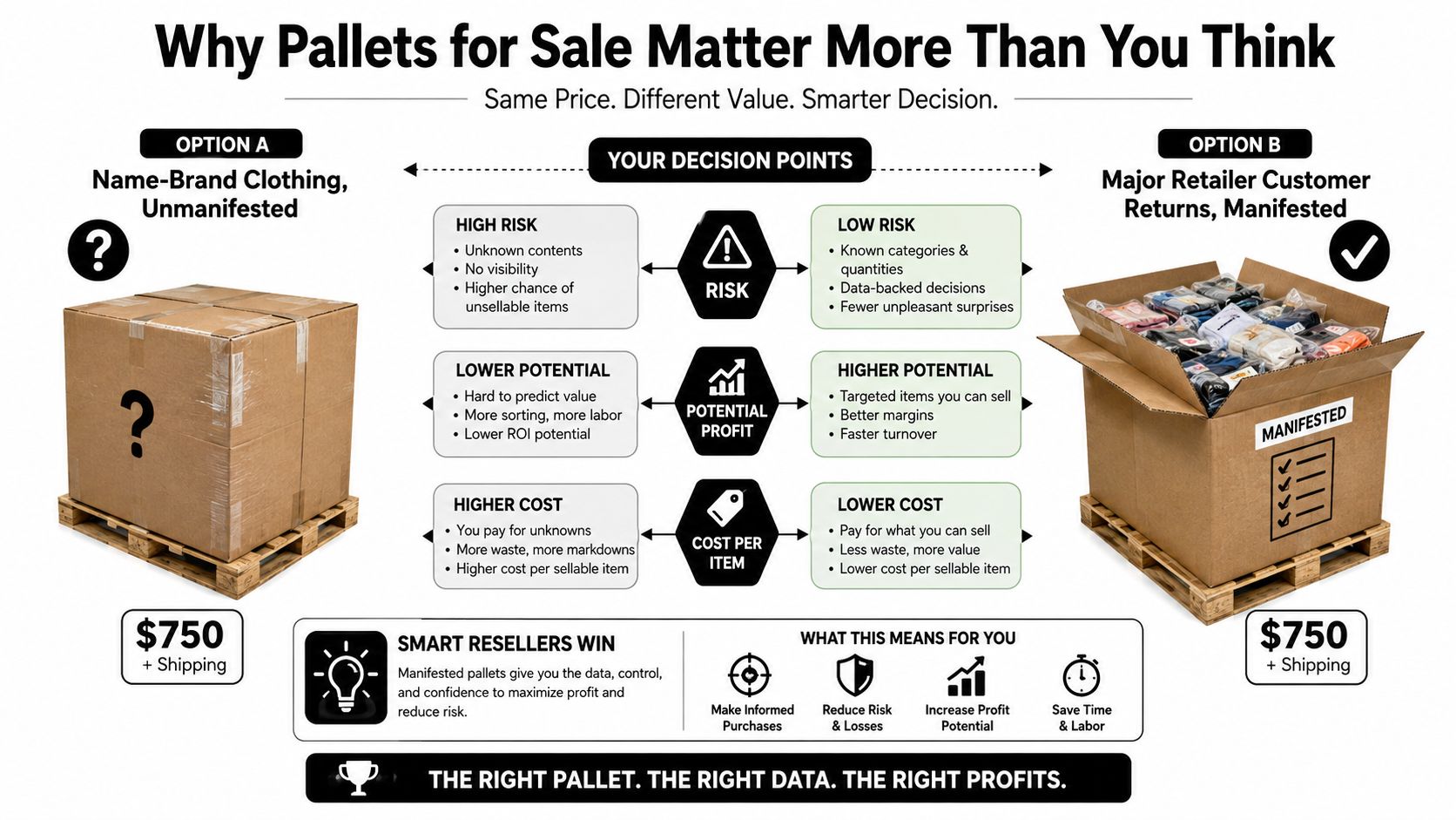 A comparison graphic showing why manifested pallets are a smarter investment than unmanifested clothing pallets.