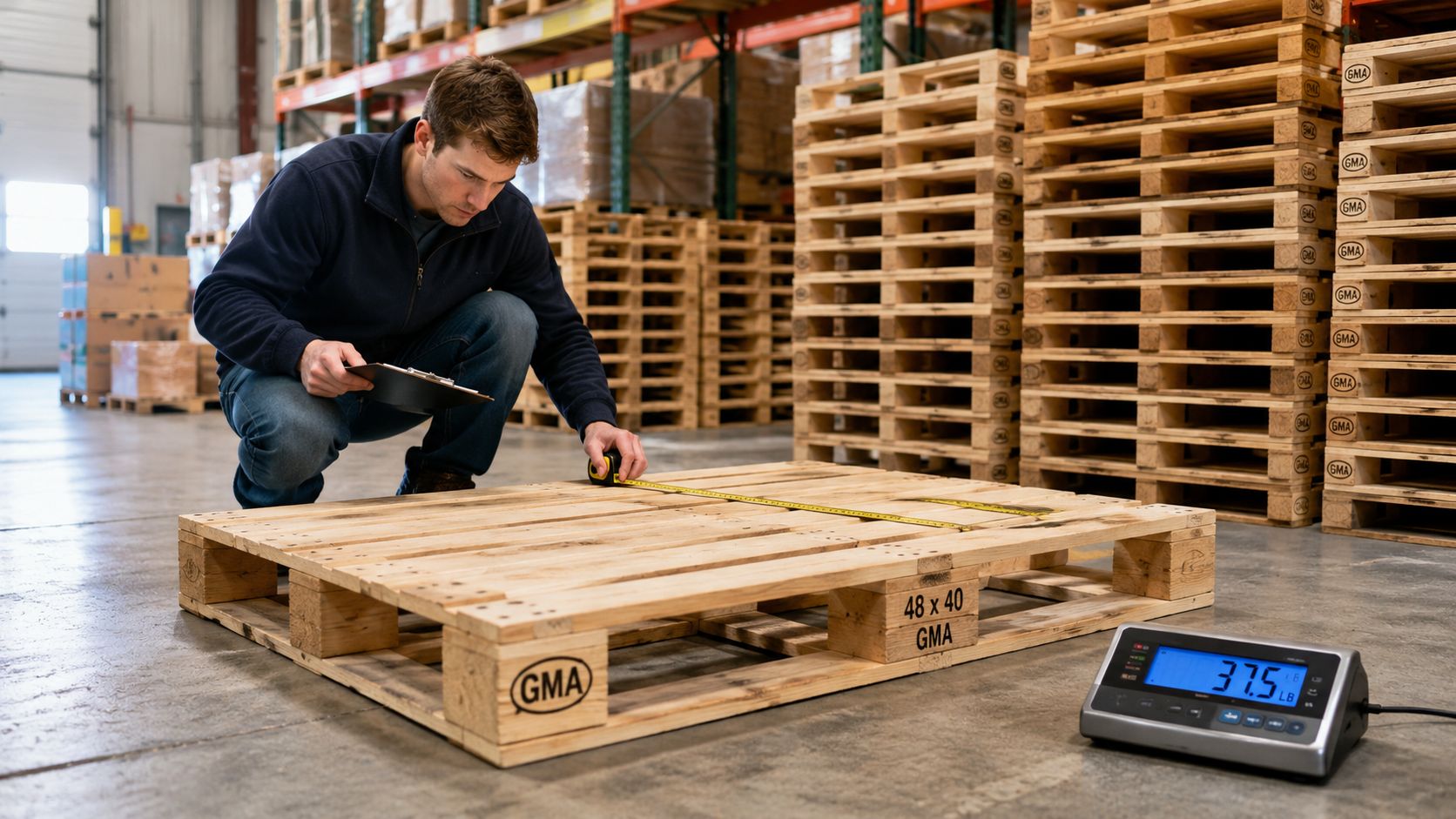 A warehouse worker measures a wooden GMA pallet with a tape measure next to a digital scale.