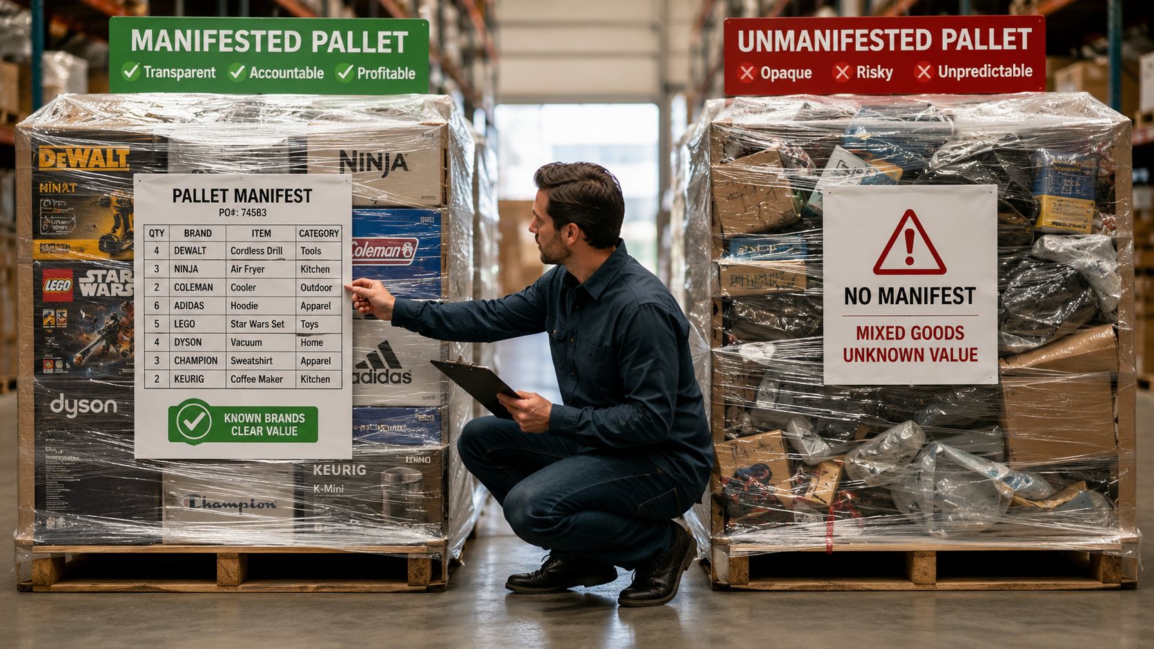 A man in a warehouse comparing a manifested pallet with clearly listed contents against an unmanifested pallet.