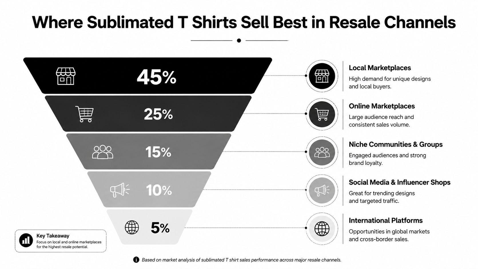A funnel infographic showing the percentage of sales for sublimated T-shirts across five different resale channels.