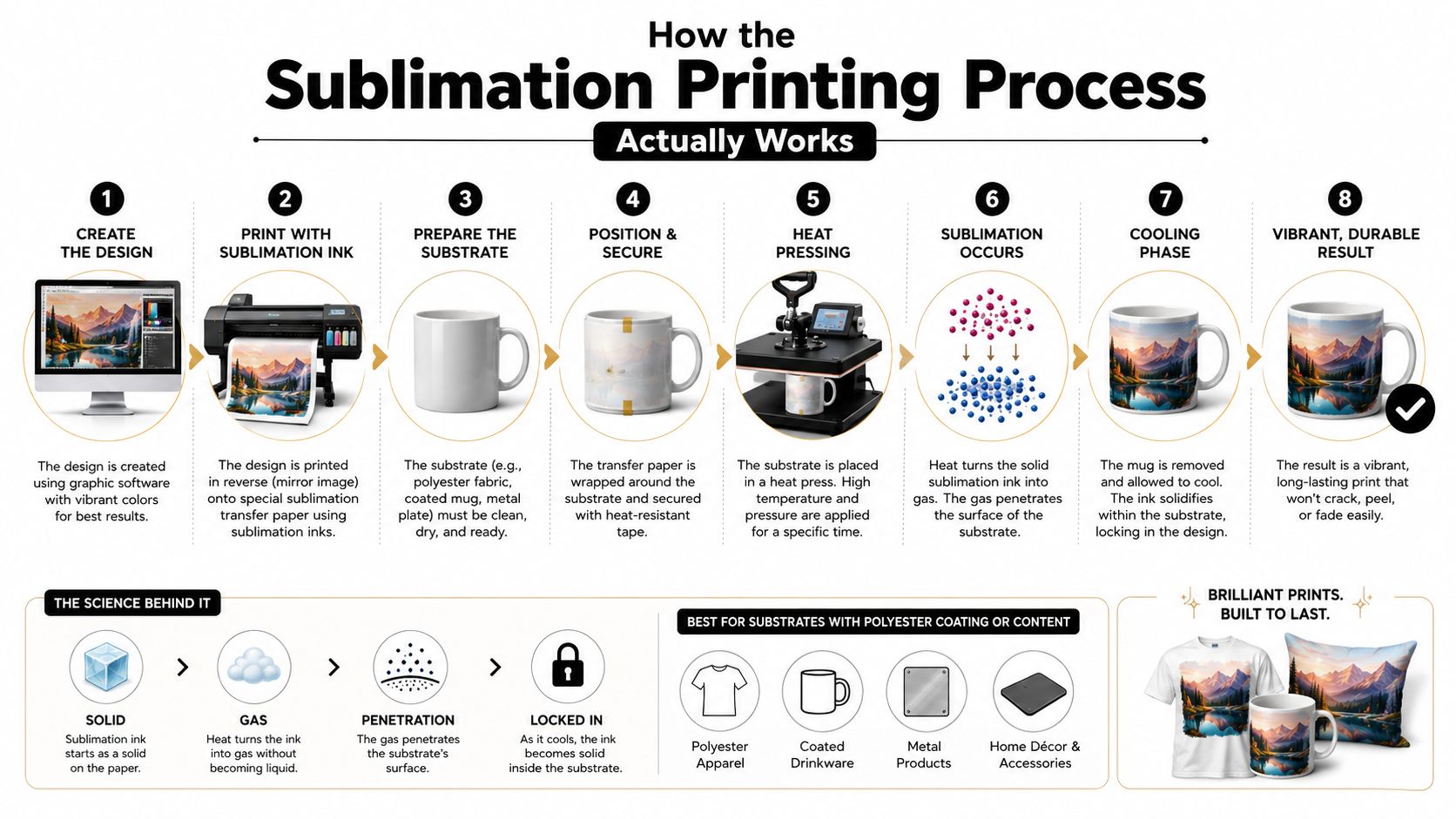 A detailed infographic explaining the eight-step sublimation printing process from design creation to the finished product.