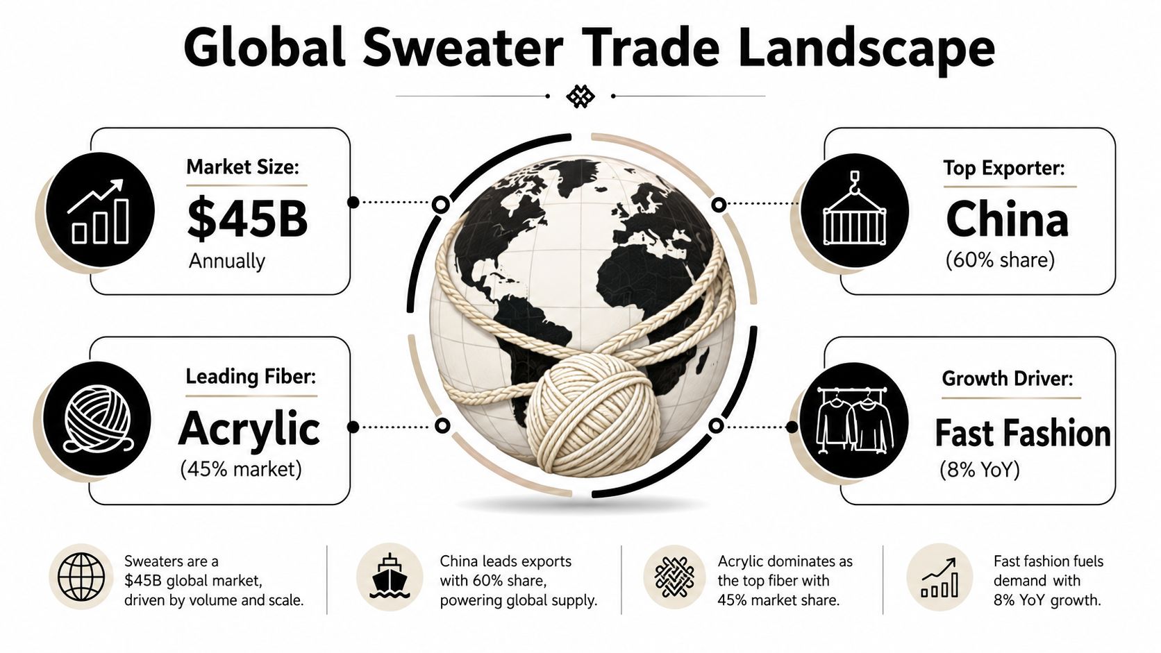An infographic titled Global Sweater Trade Landscape summarizing market data, top exporters, leading fibers, and growth drivers.