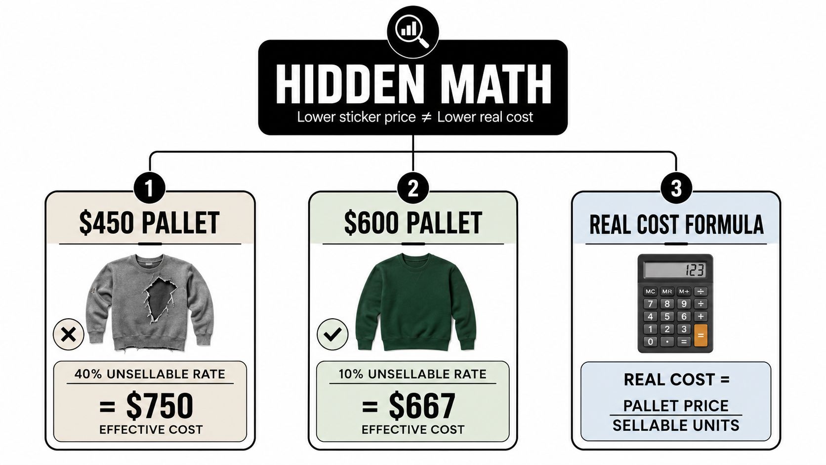 An infographic showing a formula to calculate the real cost of wholesale pallets based on unsellable rates.