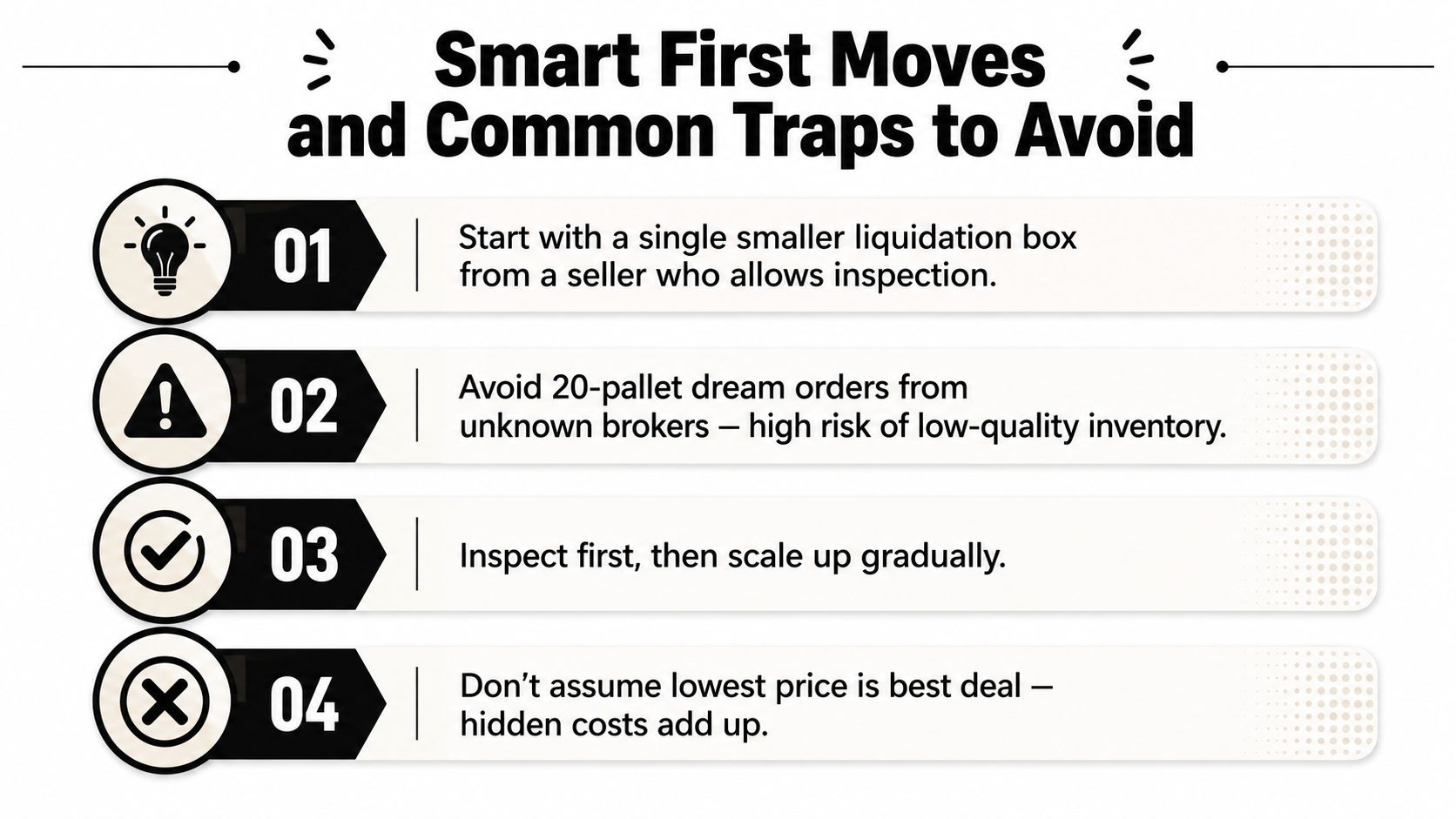 A guide listing four essential strategies for beginners entering the liquidation and wholesale inventory industry.