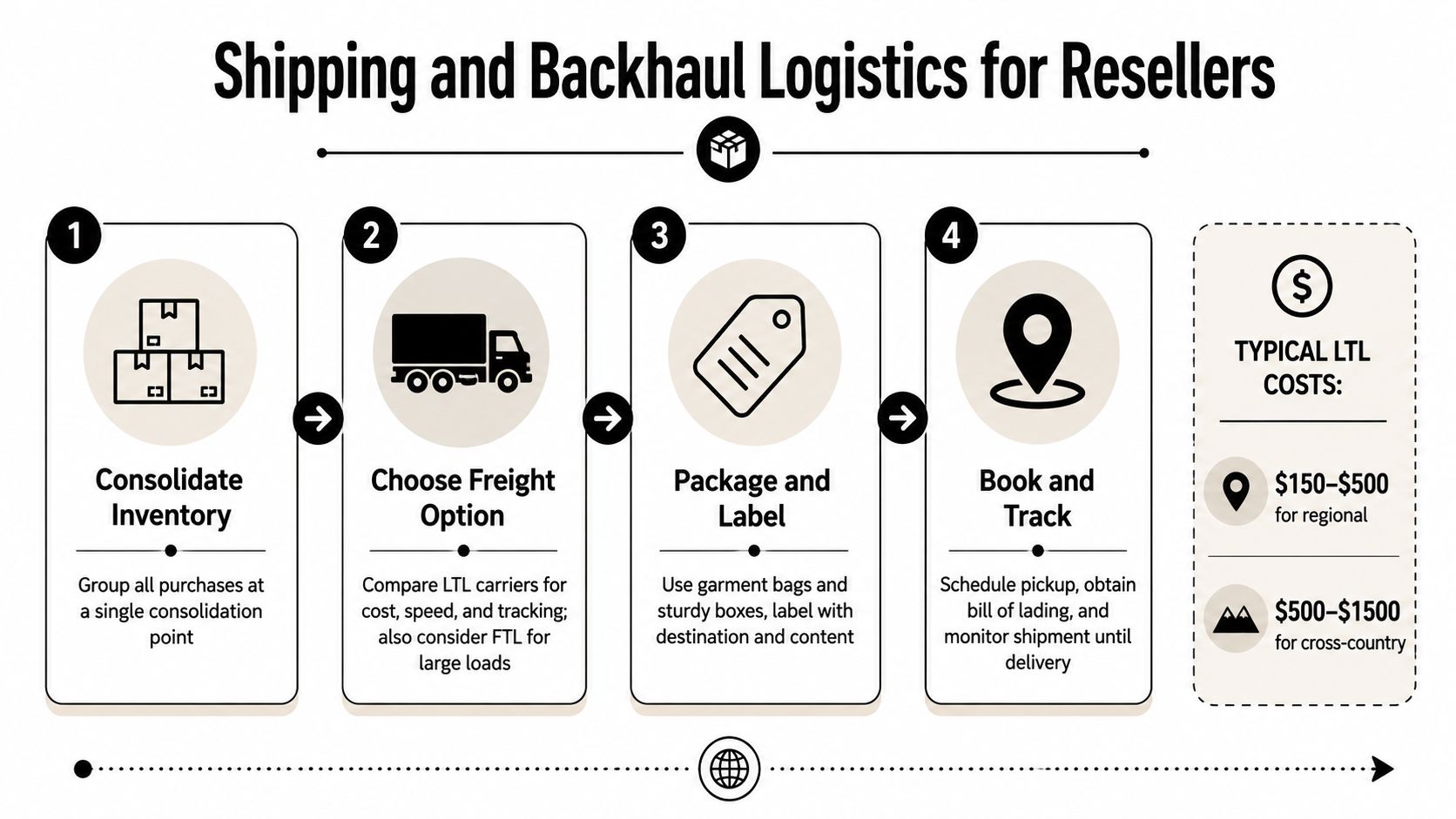 A four-step infographic illustrating the shipping and backhaul logistics process for inventory resellers using LTL shipping.