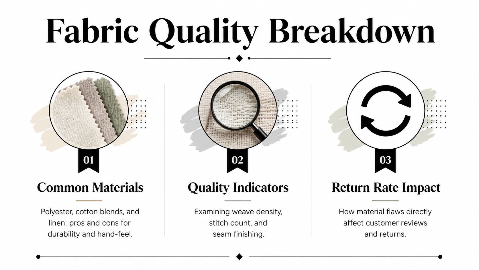An infographic illustrating the breakdown of fabric quality, covering materials, quality indicators, and return rate impact.