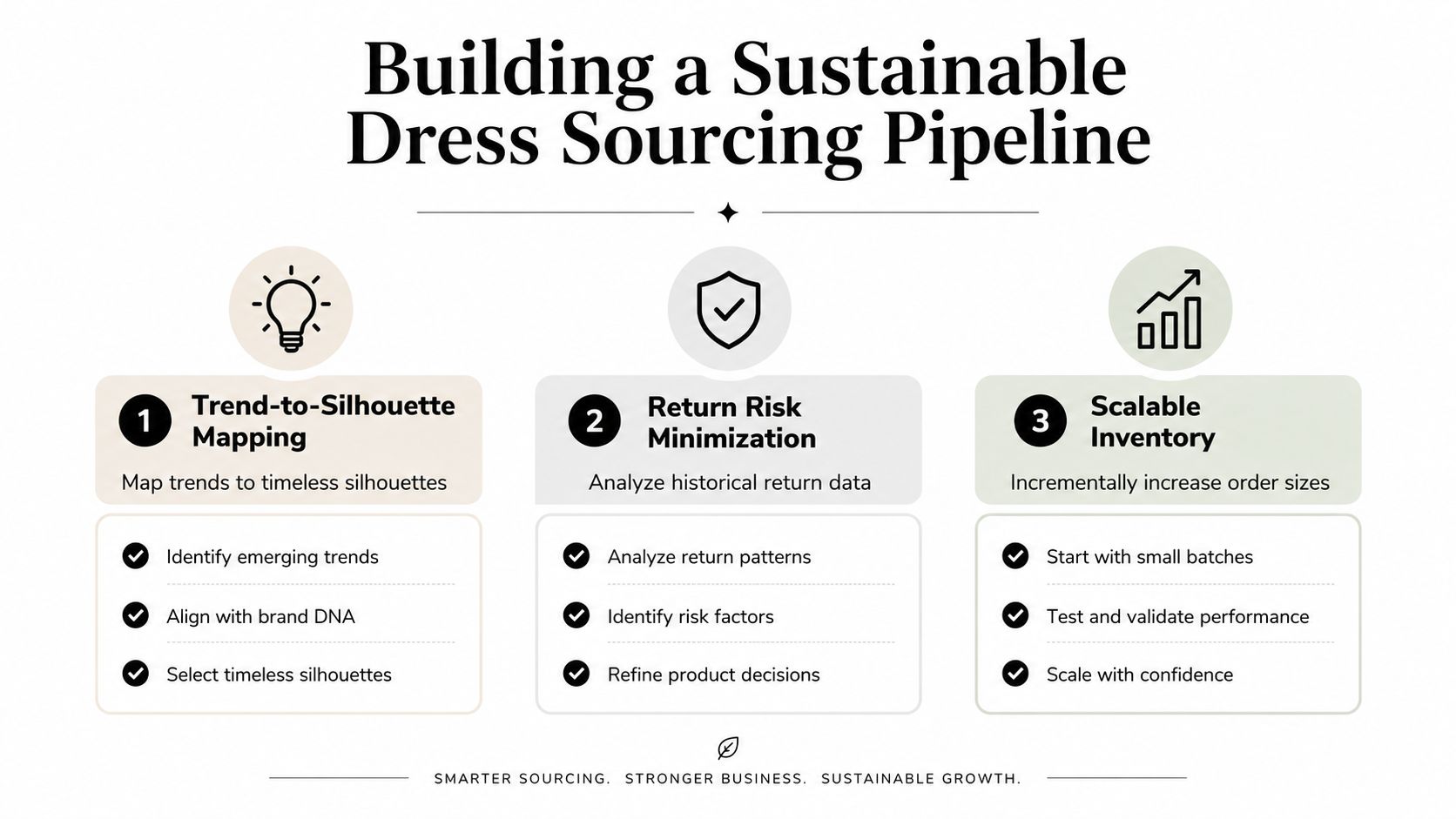 An infographic titled Building a Sustainable Dress Sourcing Pipeline showcasing three strategic steps for retailers.