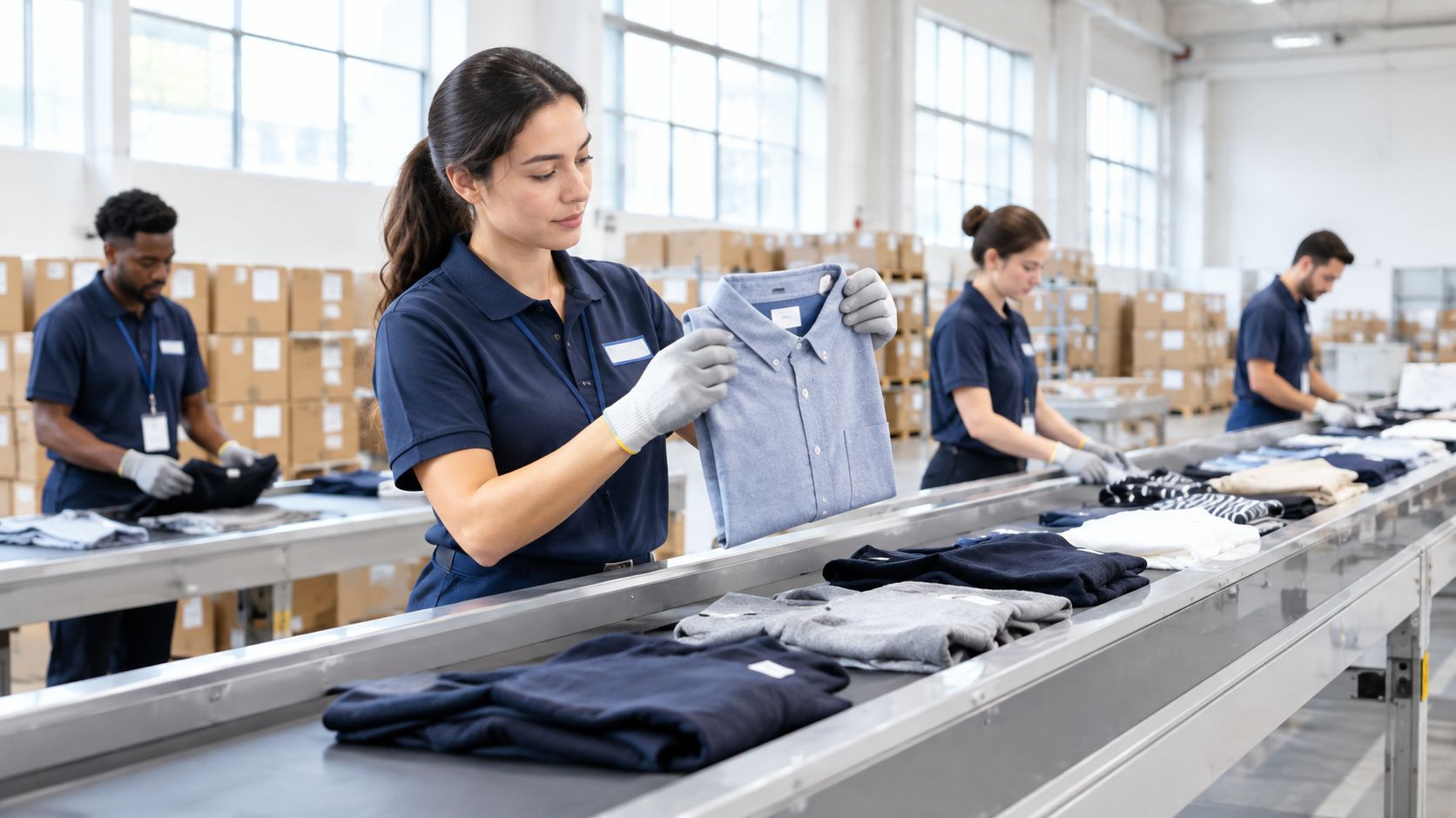 Employees in a warehouse sorting and processing folded clothes on a conveyor belt for distribution.
