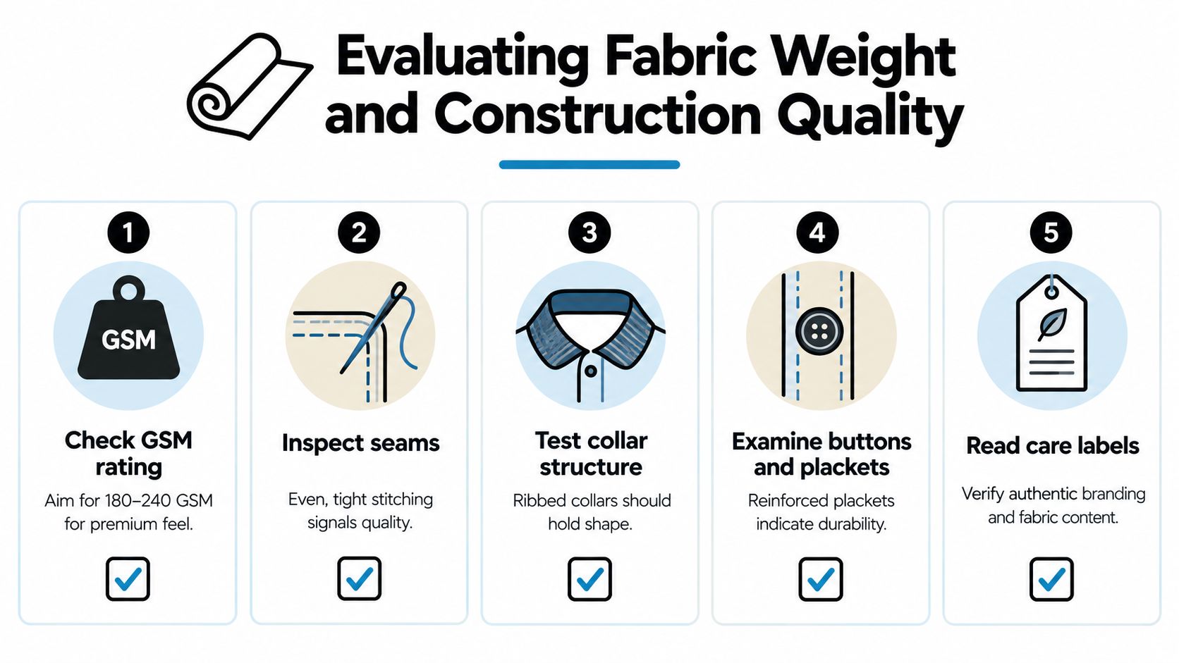 An infographic titled Evaluating Fabric Weight and Construction Quality, showcasing five steps for assessing garment durability.