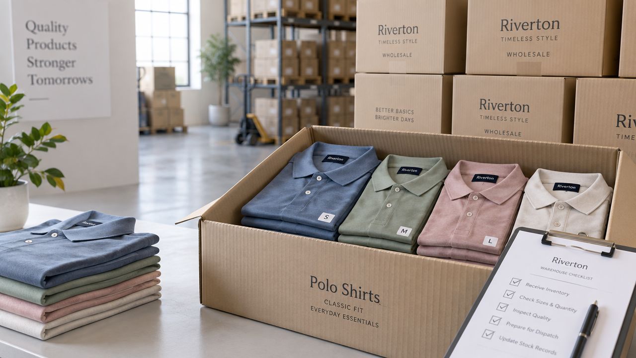 A warehouse box filled with assorted colored polo shirts, a checklist, and folded shirts on a table.