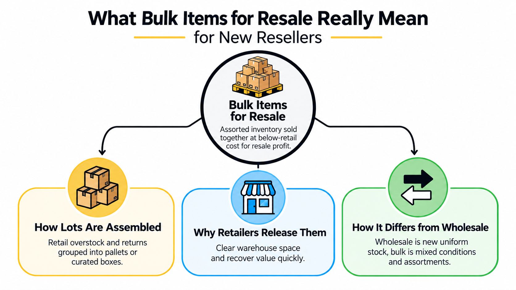 A diagram explaining bulk items for resale, including assembly, retail reasons, and differences from wholesale.