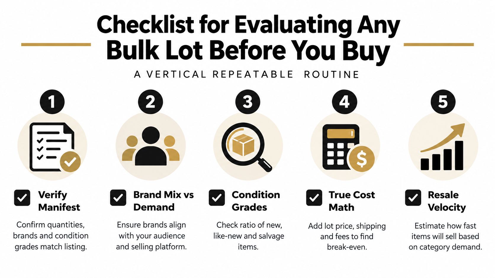 A five-step checklist infographic for evaluating bulk lots before purchasing items for resale.