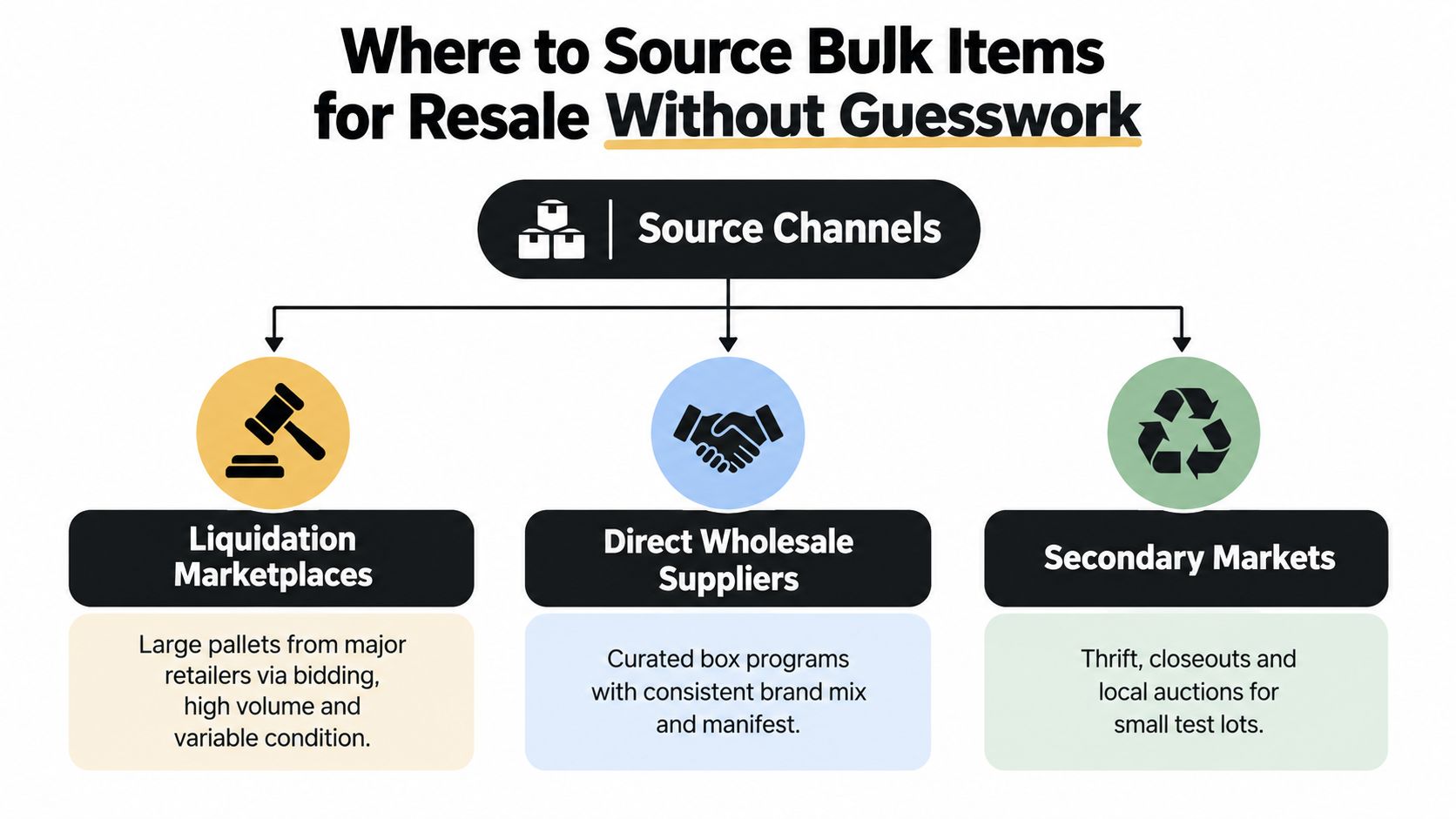 An infographic showing three different channels for sourcing bulk items for resale including liquidation, wholesale, and secondary markets.