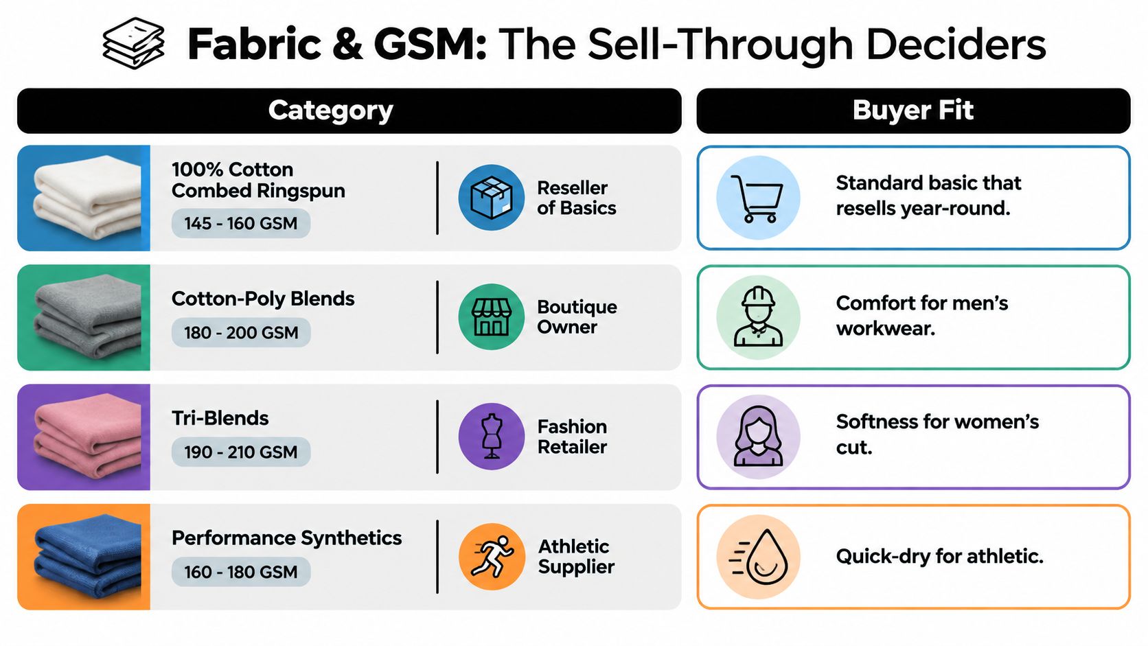 A chart showing fabric types and GSM values alongside appropriate target buyers and their needs.