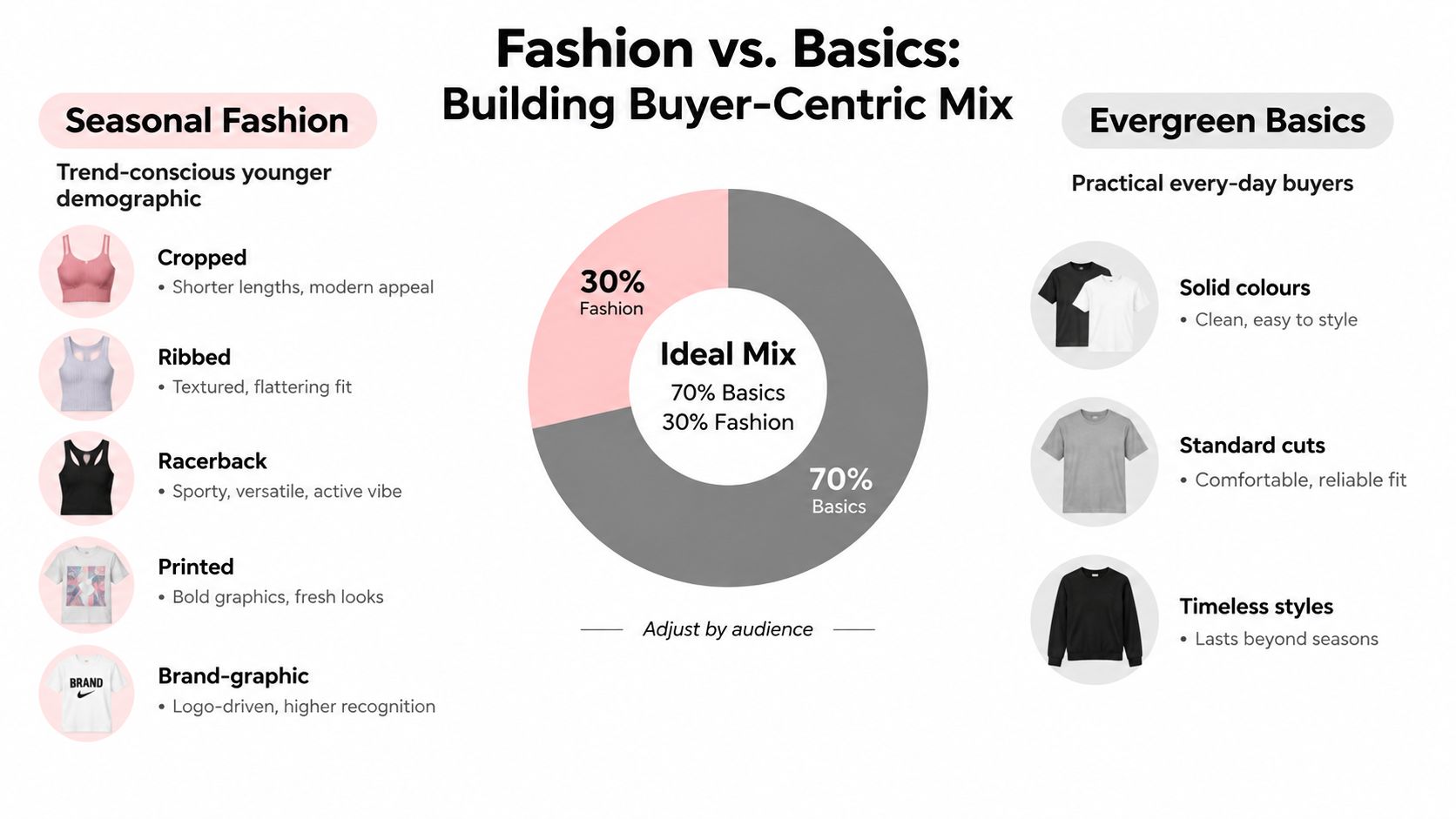 A chart comparing seasonal fashion items and evergreen basics to build an ideal product inventory mix.