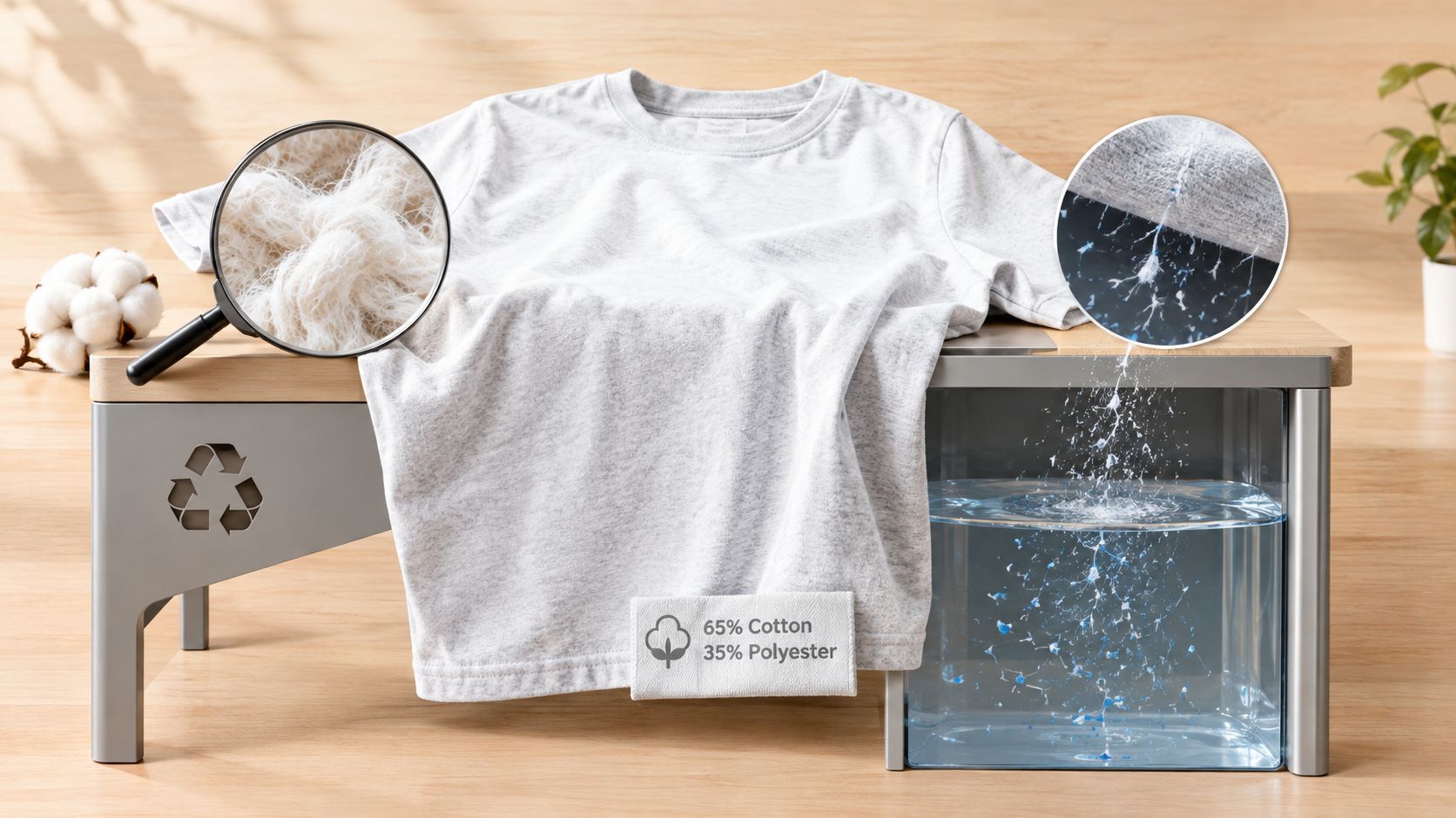 A gray t-shirt showing cotton and polyester fibers breaking down into water, symbolizing microfiber pollution.