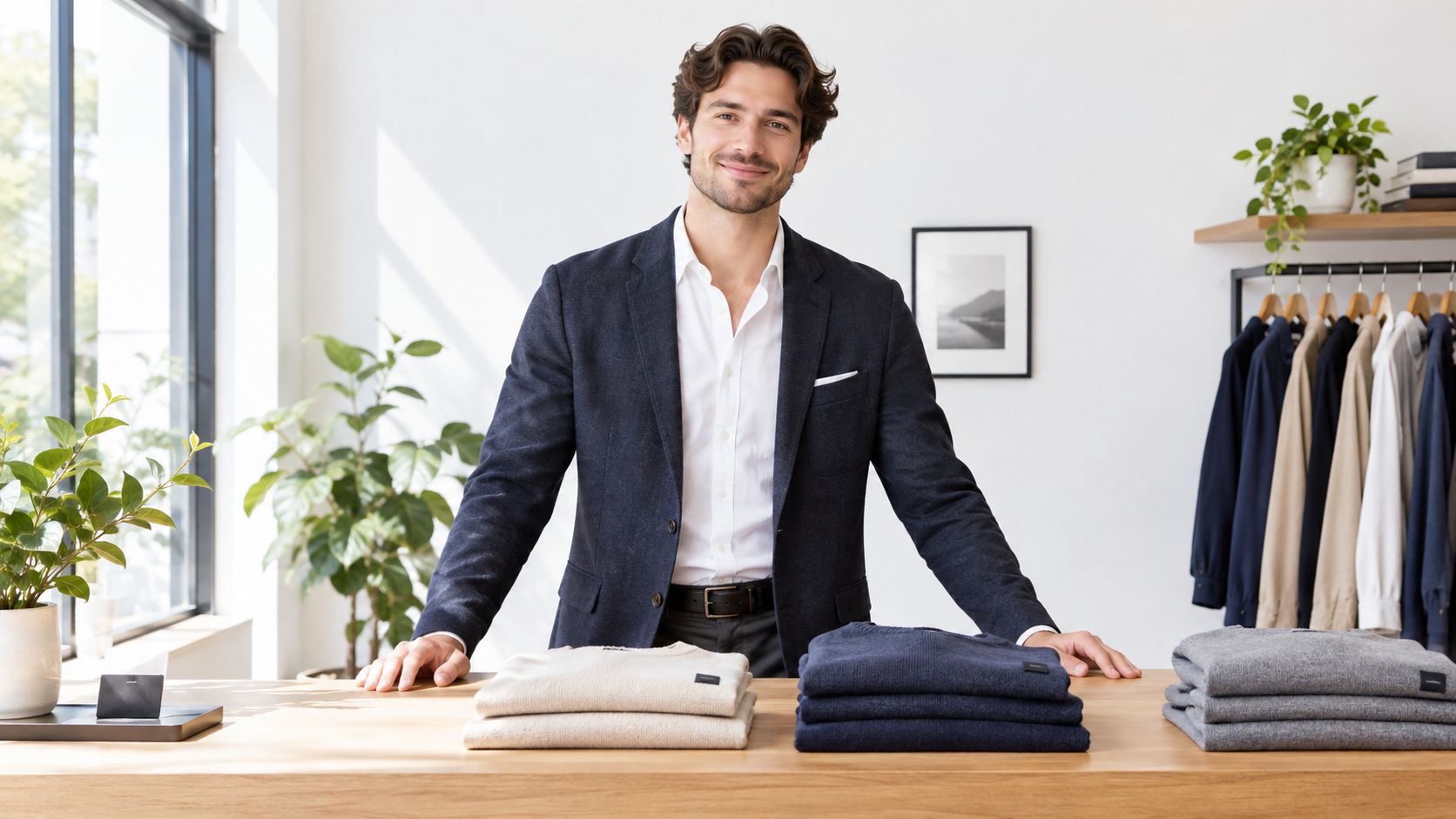 A friendly male clothing store manager standing behind a counter with folded sweaters on display.