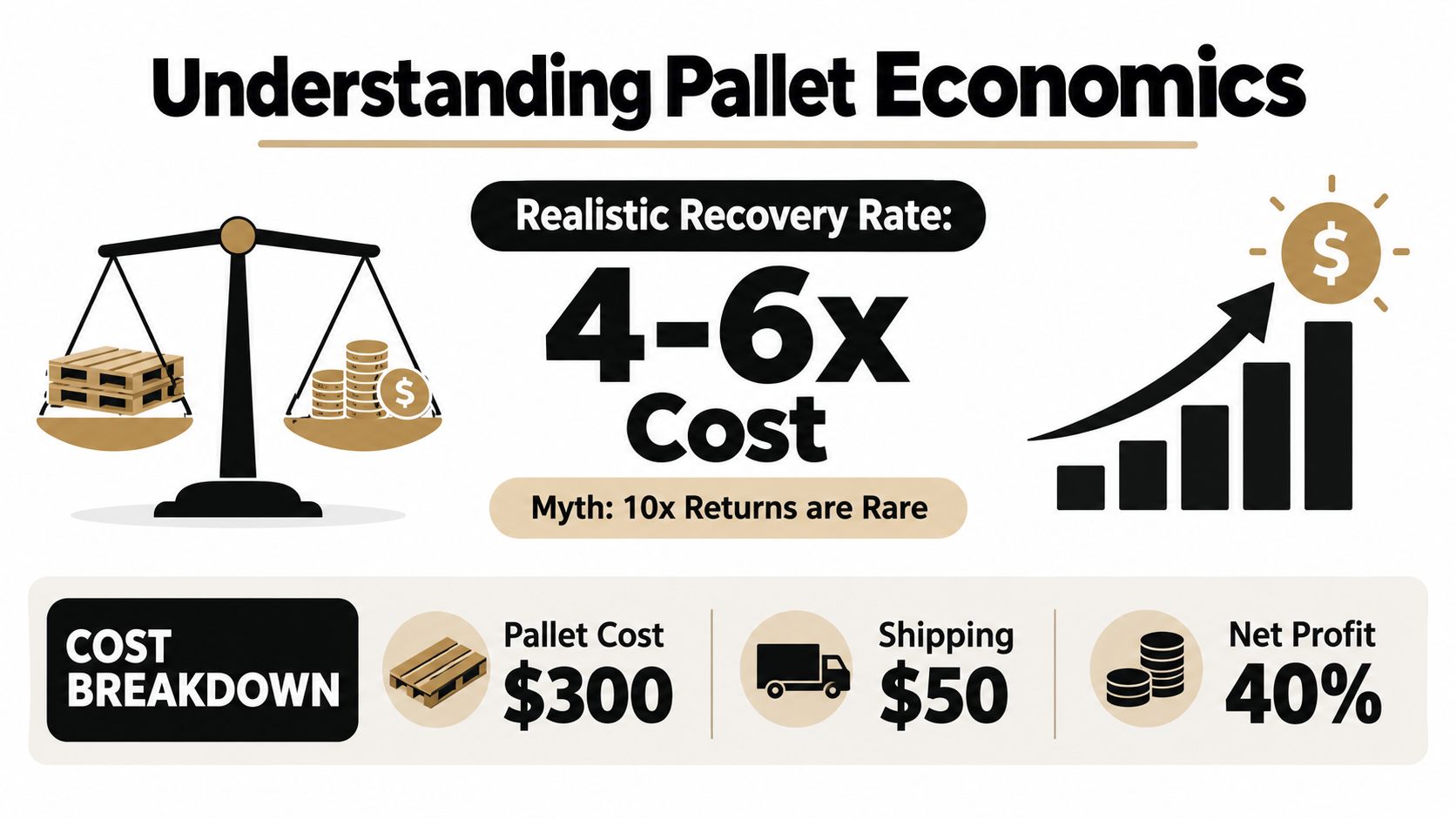 An infographic titled Understanding Pallet Economics detailing cost breakdown, recovery rates, and net profit margins for pallets.