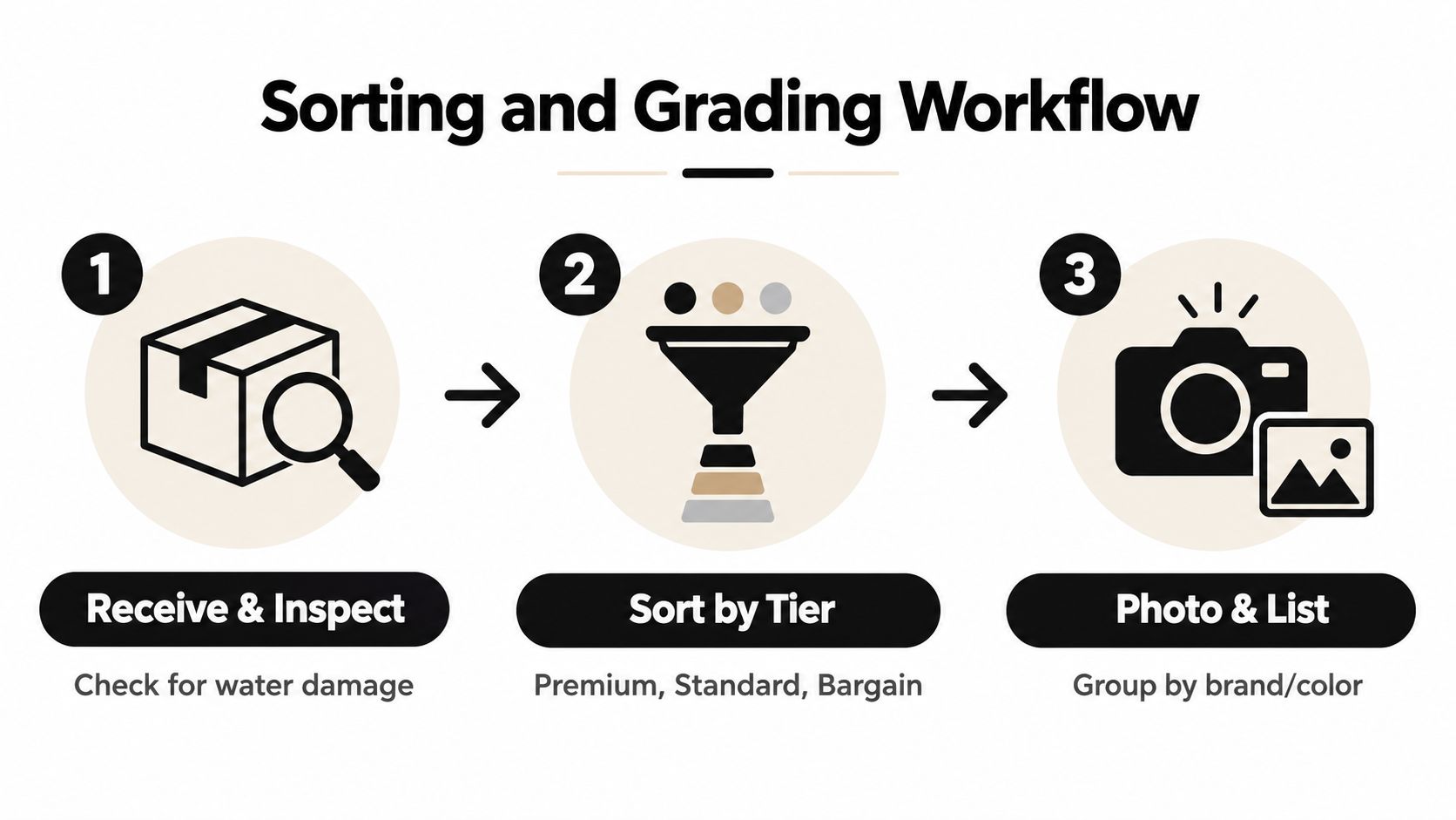 A three-step infographic titled Sorting and Grading Workflow showing processes to inspect, sort, and photograph items.
