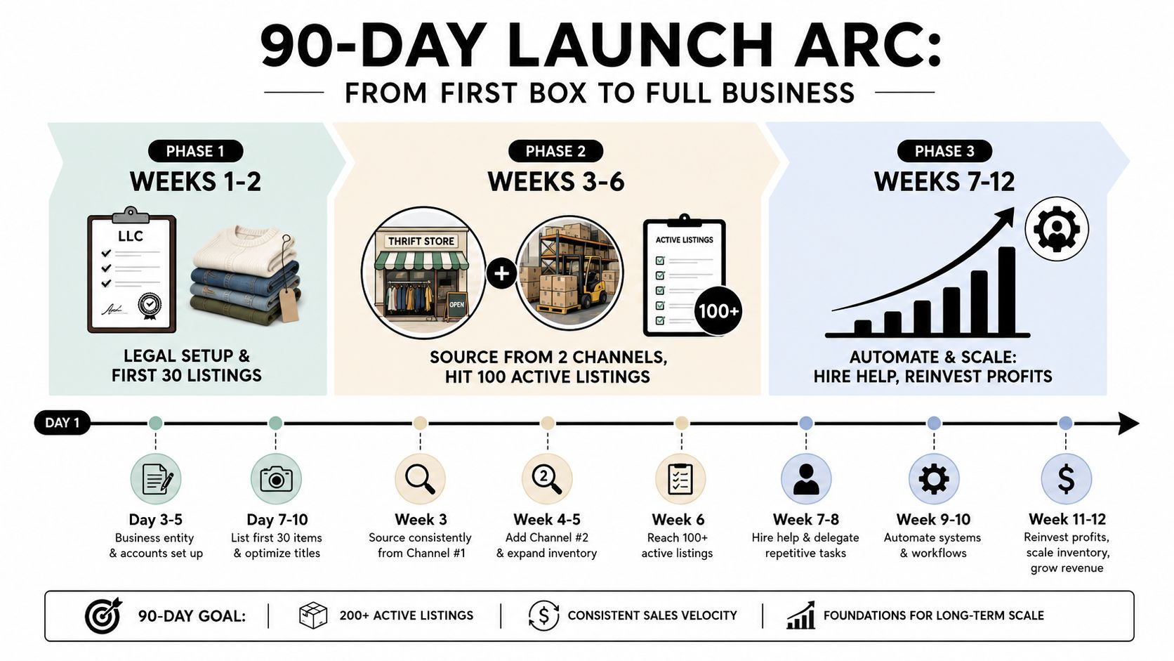 A roadmap graphic detailing a 90-day plan to launch and scale a successful clothing resale business.