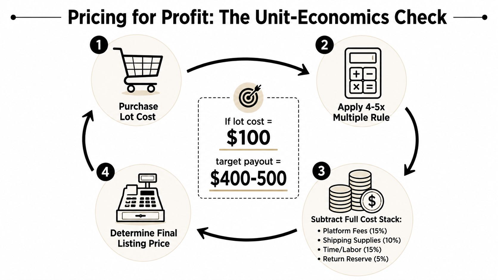 A diagram illustrating a four-step process for determining profitable pricing for a resale business.