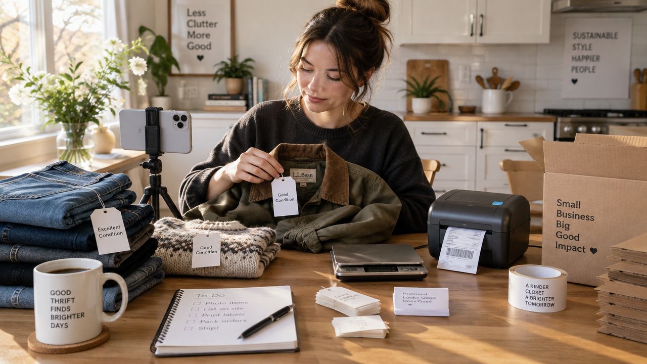 A woman prepares vintage clothing for online sale by labeling items, printing shipping labels, and packing boxes.