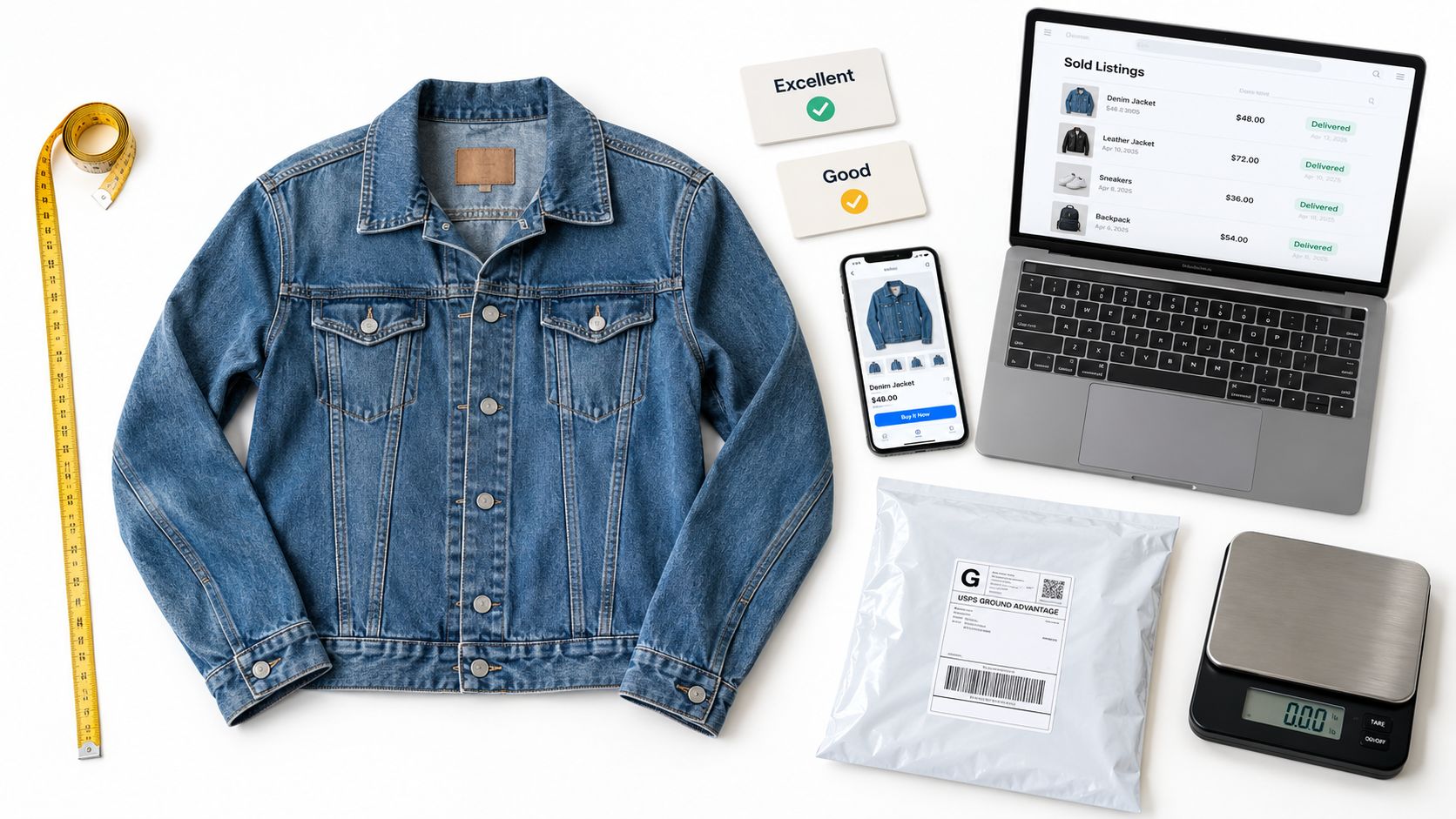 A denim jacket next to a laptop, phone, measuring tape, scale, and a shipping package for online sales.