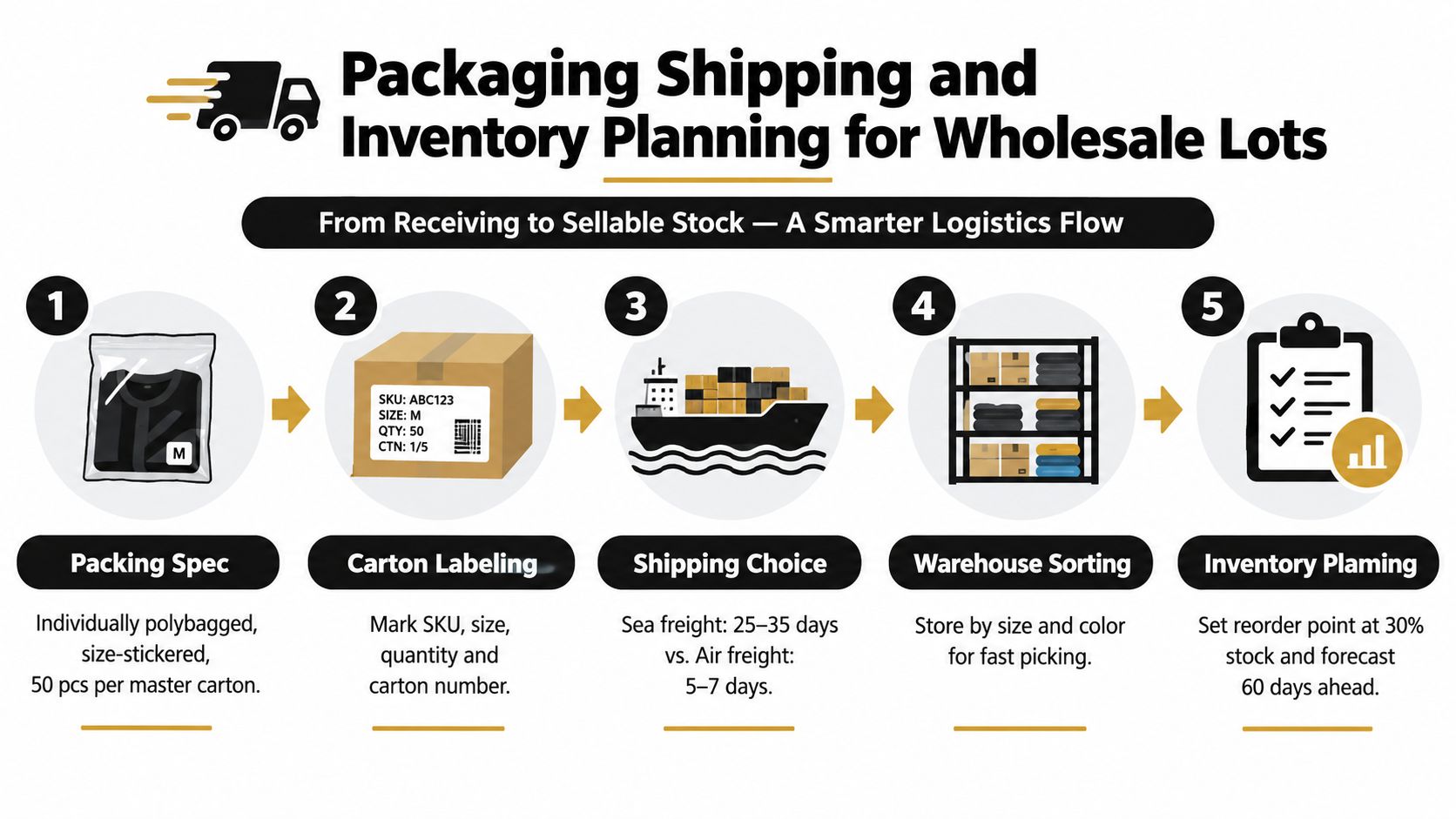 A five-step infographic illustrating the logistics flow for wholesale packaging, shipping, and inventory planning for apparel products.