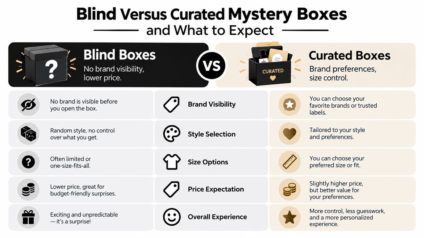 A comparison chart outlining the key differences between blind mystery boxes and curated mystery boxes for consumers.