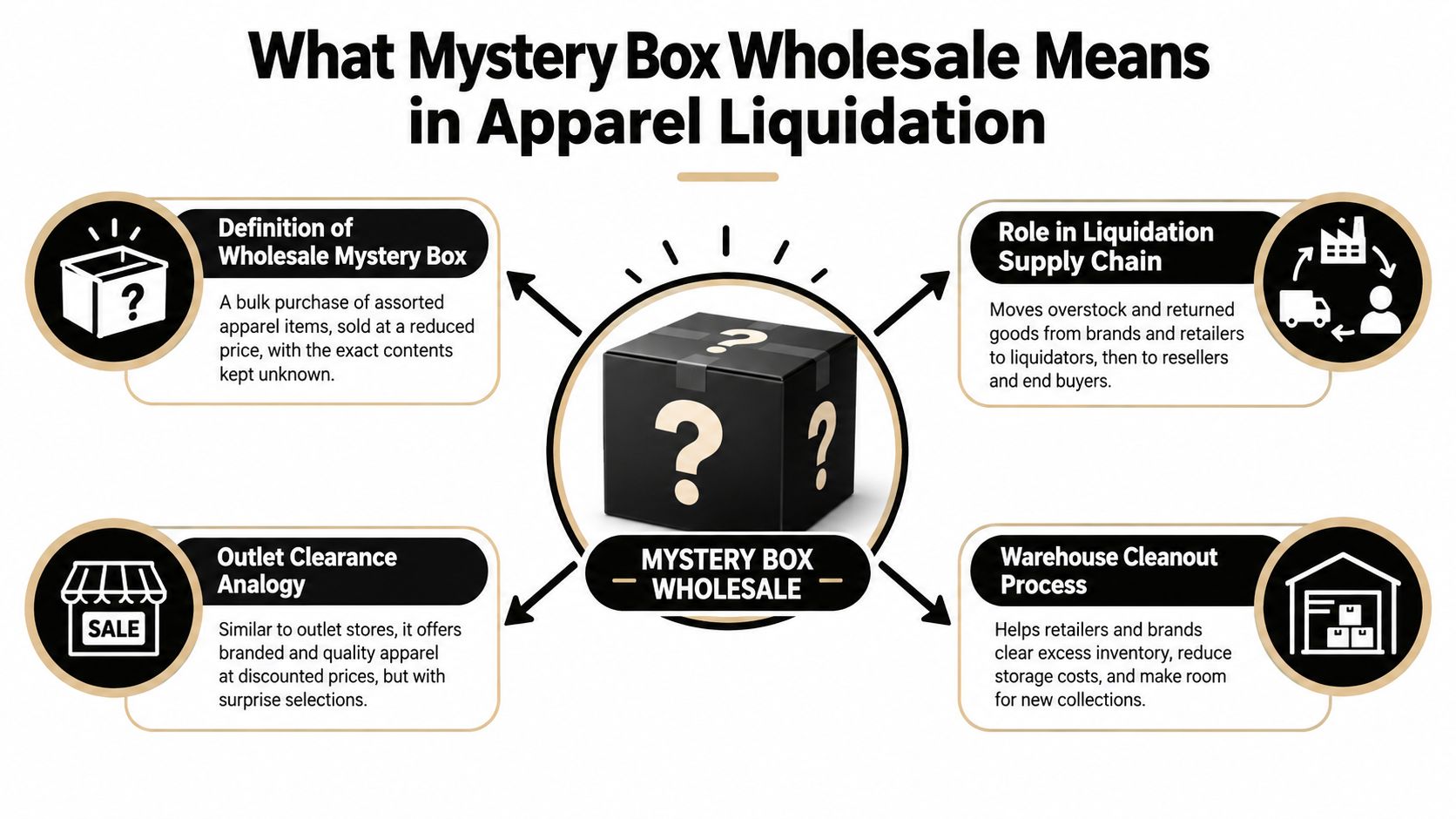 An infographic explaining the concept of wholesale mystery boxes within the apparel liquidation industry and supply chain.