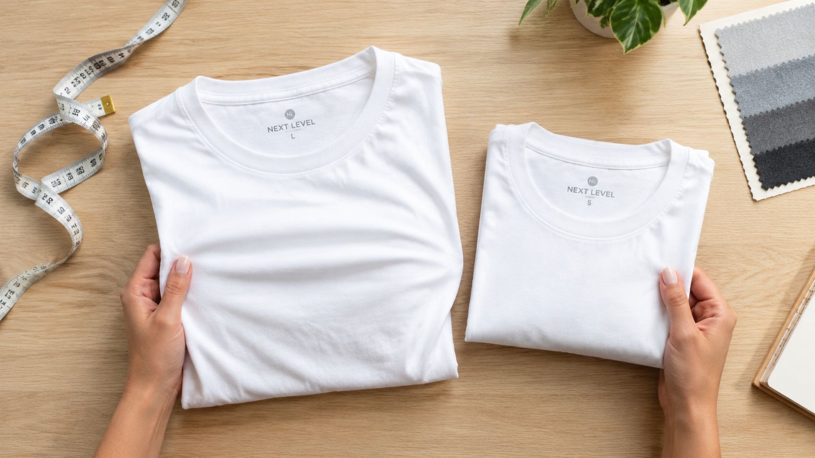 Hands holding a large and a small Next Level white cotton t-shirt on a wooden table.