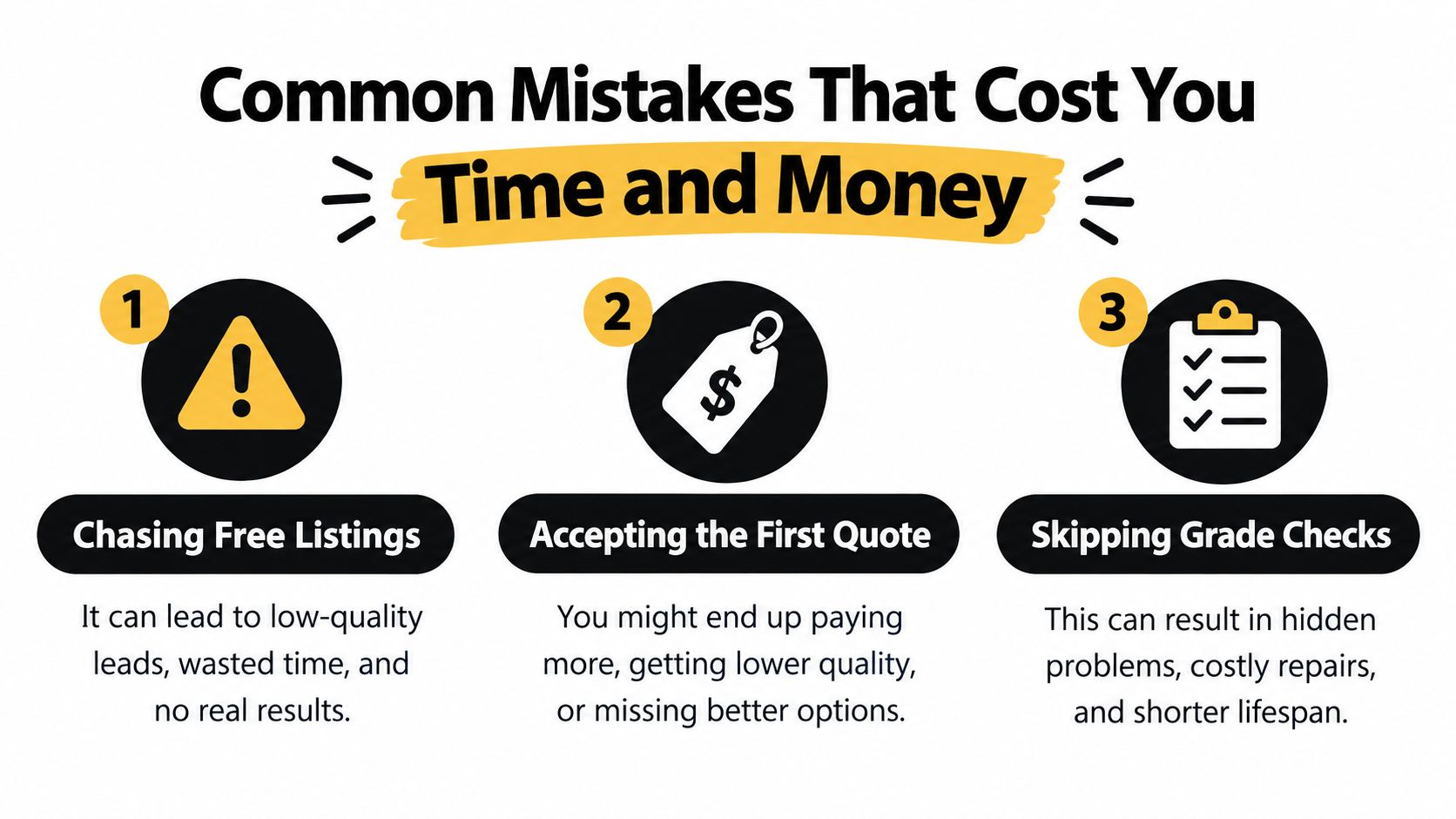 An infographic detailing three common business mistakes that lead to wasted time and financial loss.