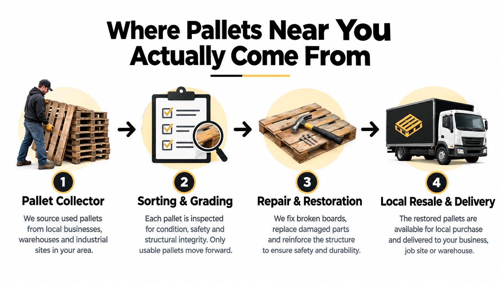 An infographic detailing the four-step process of sourcing, grading, repairing, and delivering recycled wooden shipping pallets.