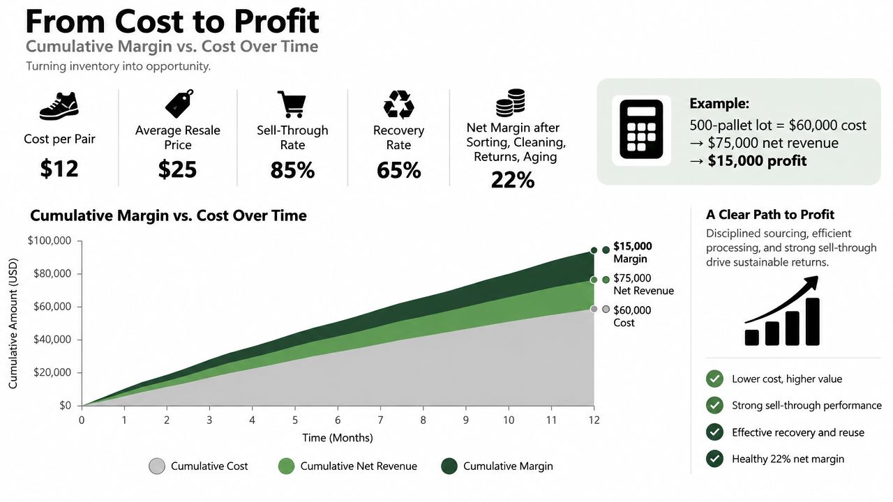 A chart showing cumulative margin, net revenue, and cost over time for wholesale shoe pallet inventory.