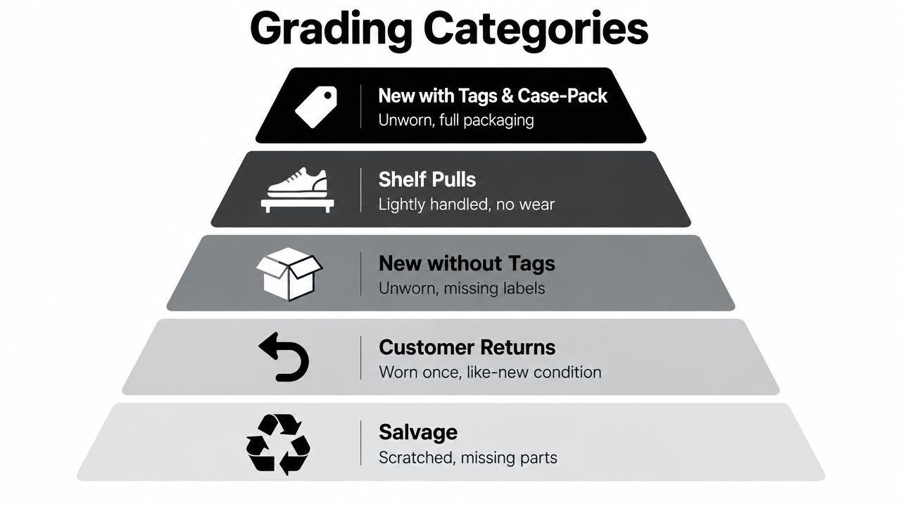 A pyramid graphic showing five grading categories for wholesale shoe pallets from new to salvage condition.